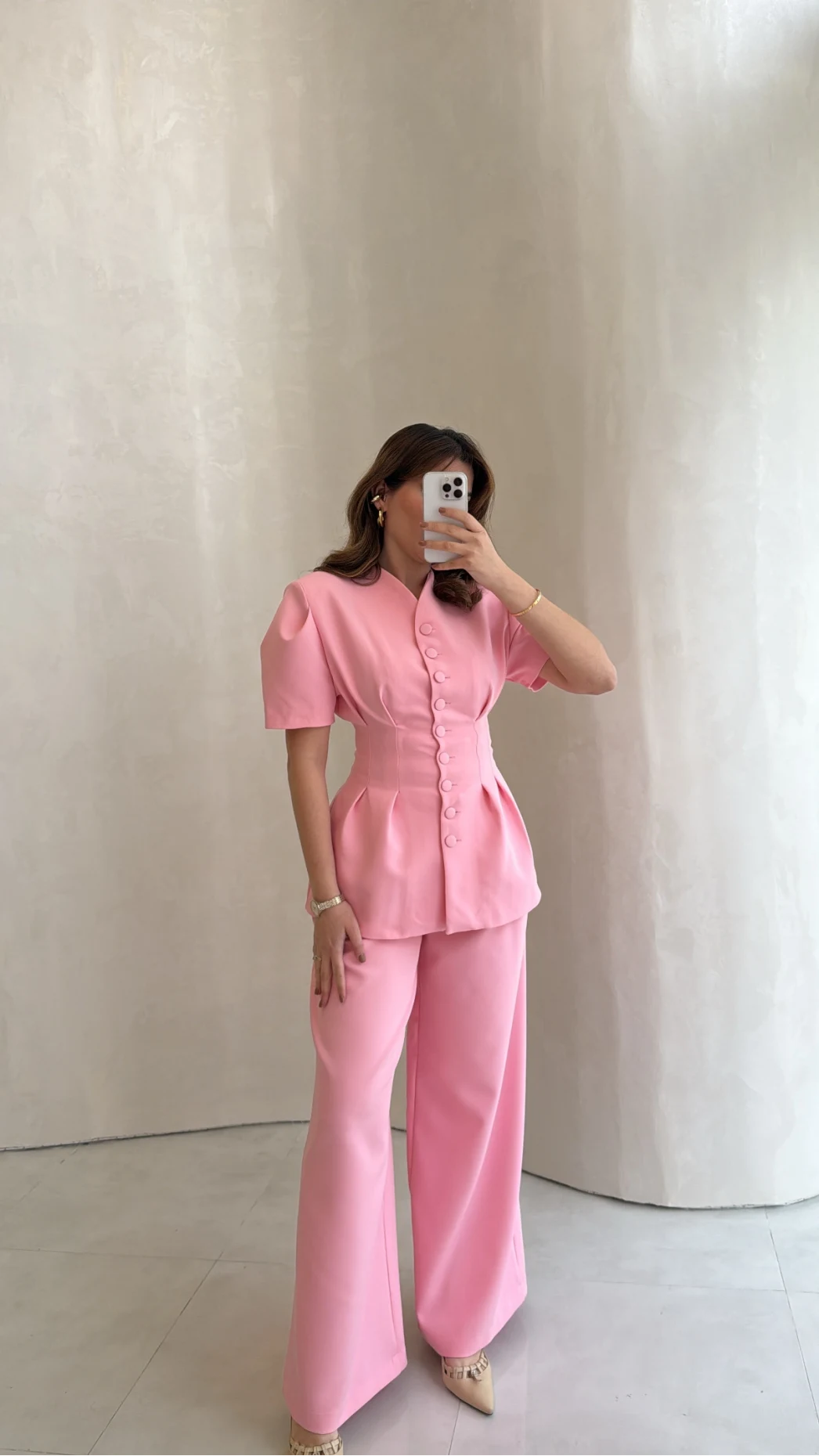 Noir Bel Detay Balon Kol Vatkalı Düğmeli Takım - Pembe