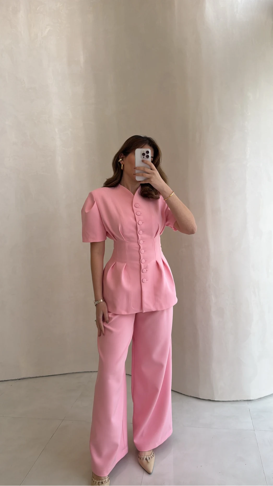 Noir Bel Detay Balon Kol Vatkalı Düğmeli Takım - Pembe