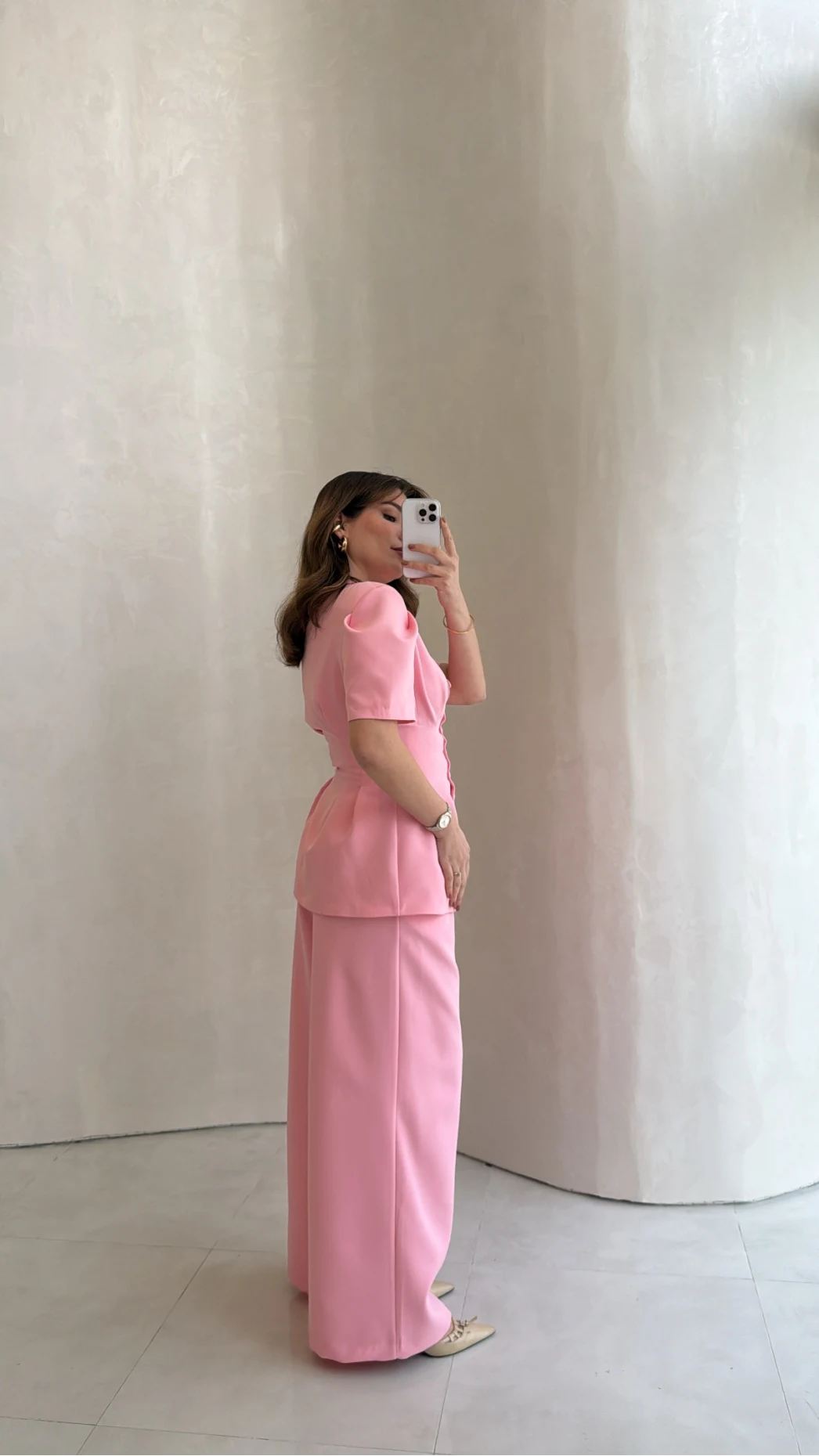 Noir Bel Detay Balon Kol Vatkalı Düğmeli Takım - Pembe