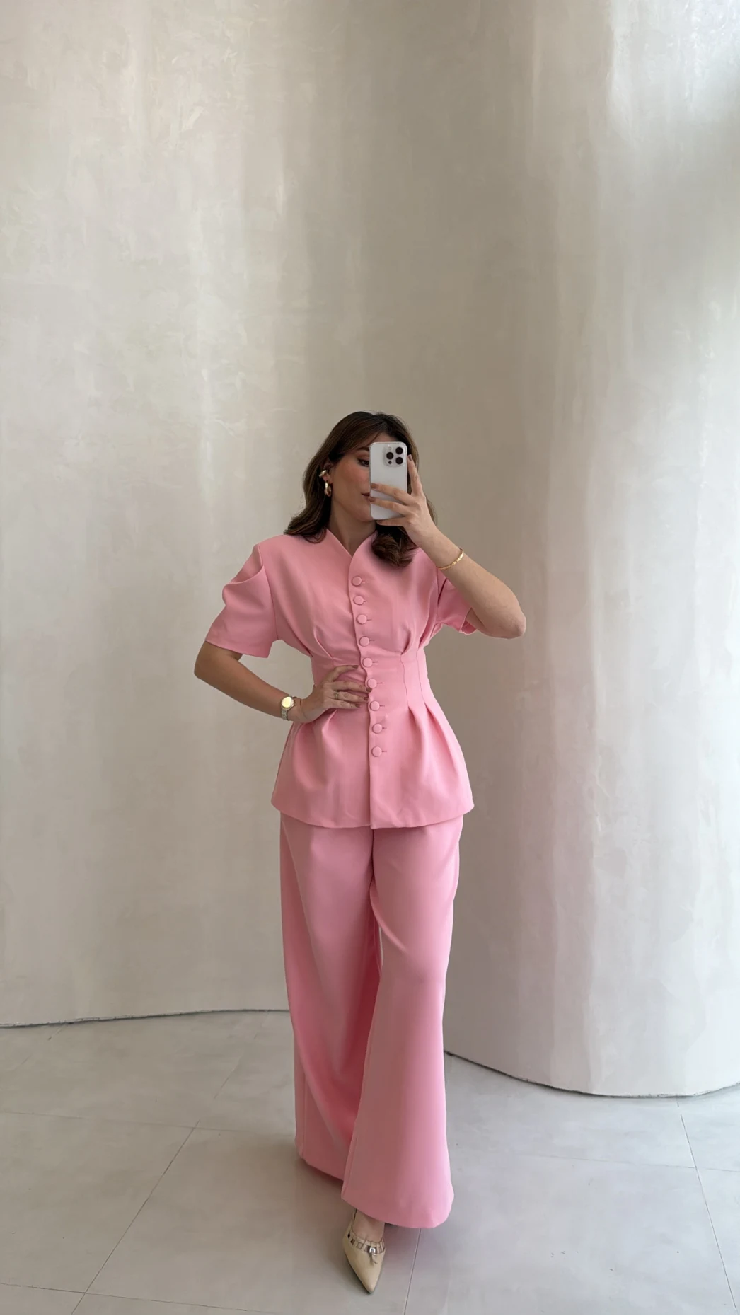 Noir Bel Detay Balon Kol Vatkalı Düğmeli Takım - Pembe