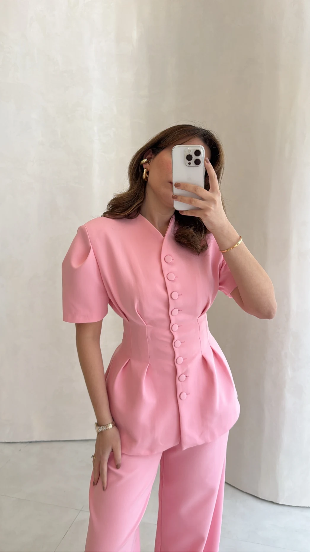 Noir Bel Detay Balon Kol Vatkalı Düğmeli Takım - Pembe