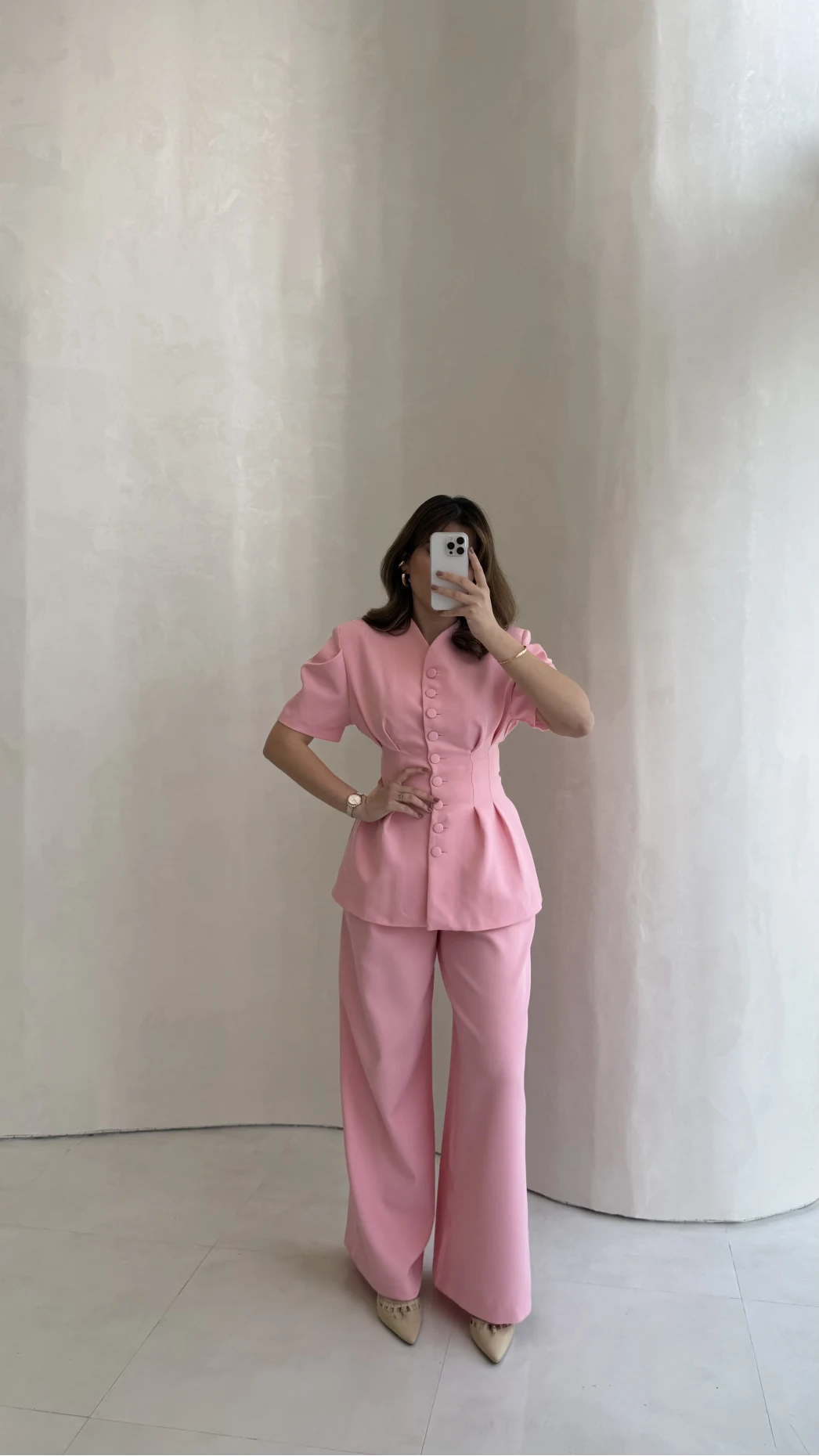 Noir Bel Detay Balon Kol Vatkalı Düğmeli Takım - Pembe