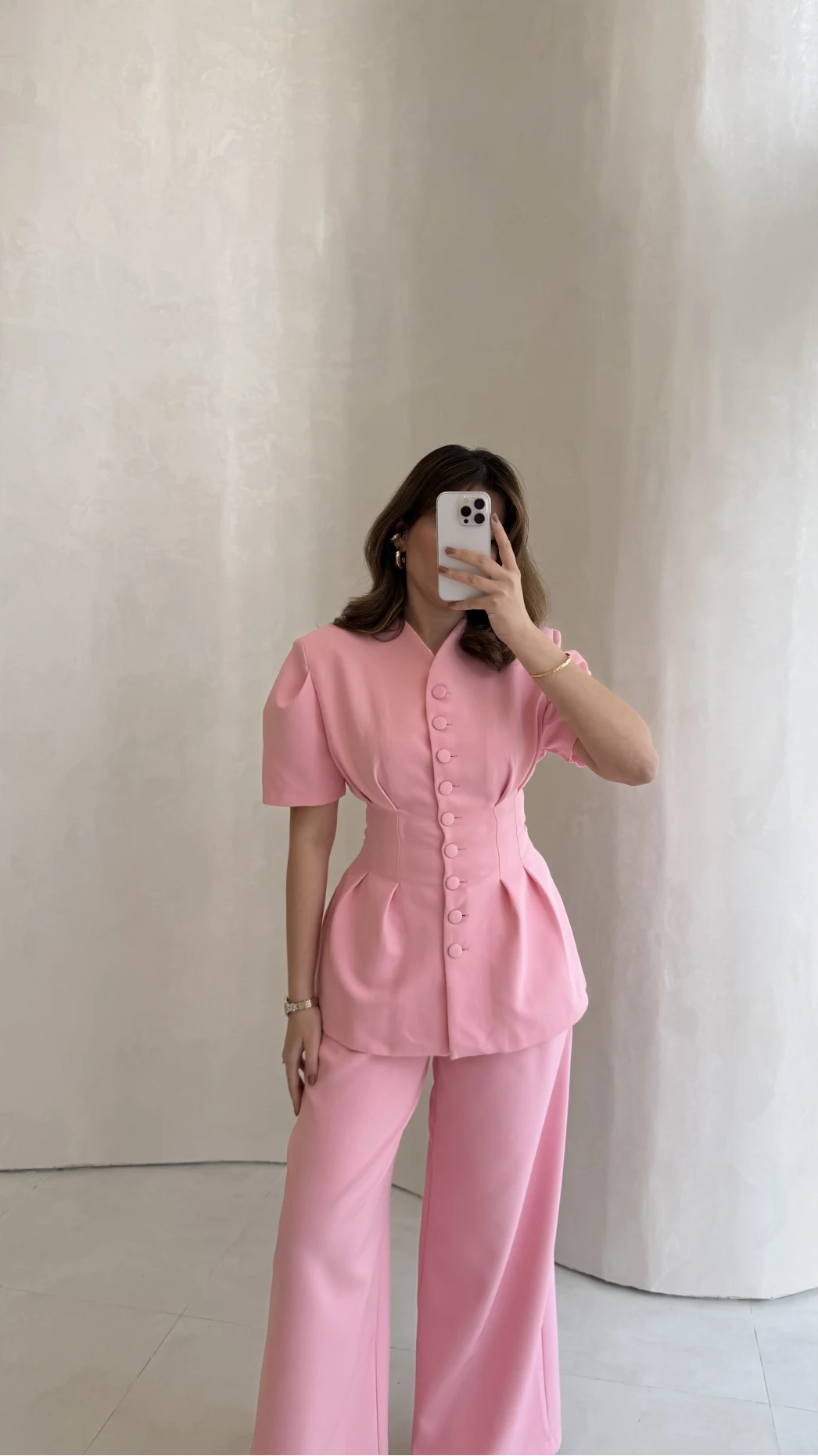 Noir Bel Detay Balon Kol Vatkalı Düğmeli Takım - Pembe