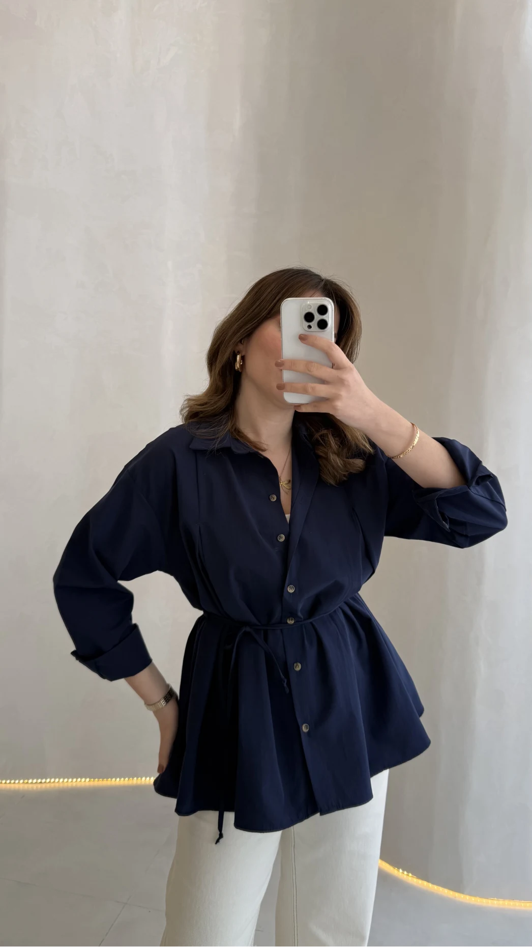 Arkası Pile Detay Bağcıklı Pamuklu Gömlek - Lacivert - Kod: 2206