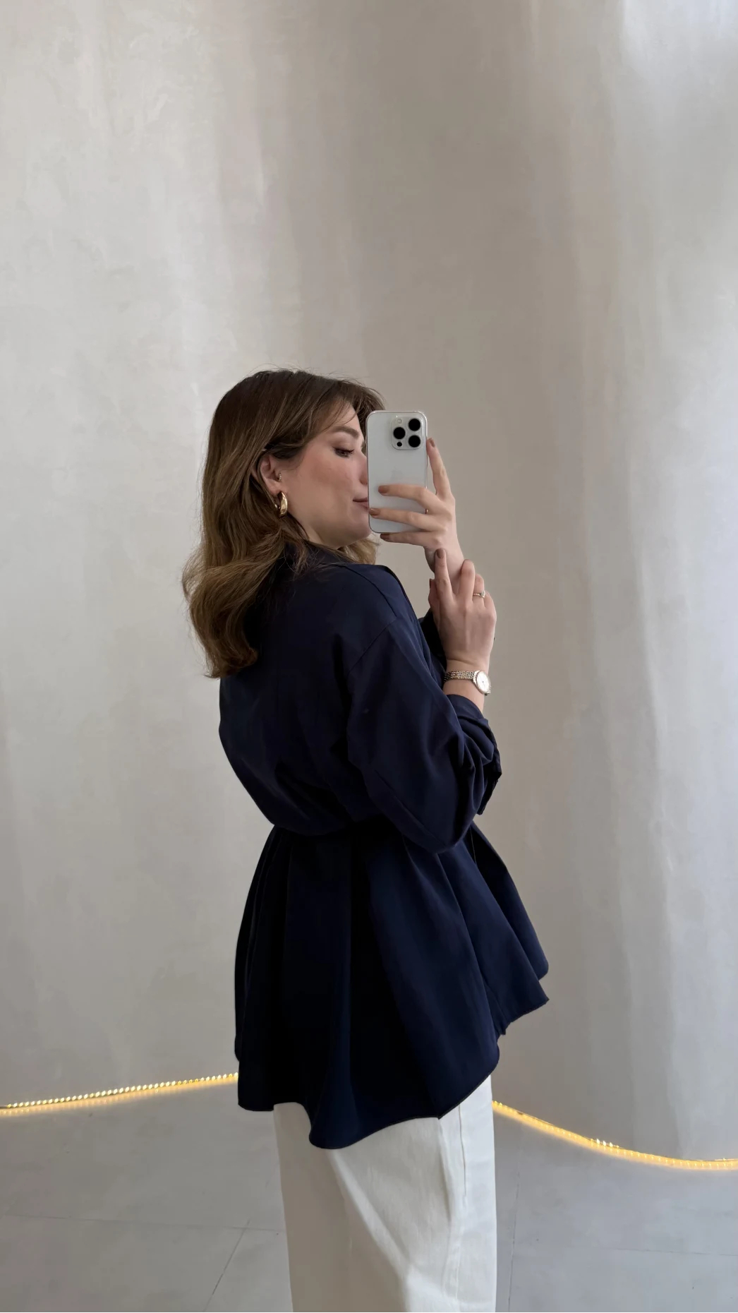 Arkası Pile Detay Bağcıklı Pamuklu Gömlek - Lacivert - Kod: 2206