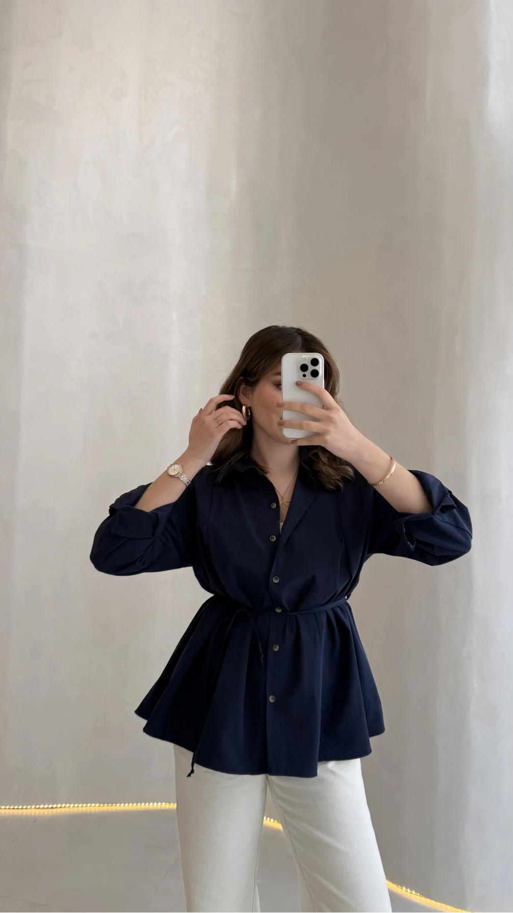 Arkası Pile Detay Bağcıklı Pamuklu Gömlek - Lacivert - Kod: 2206