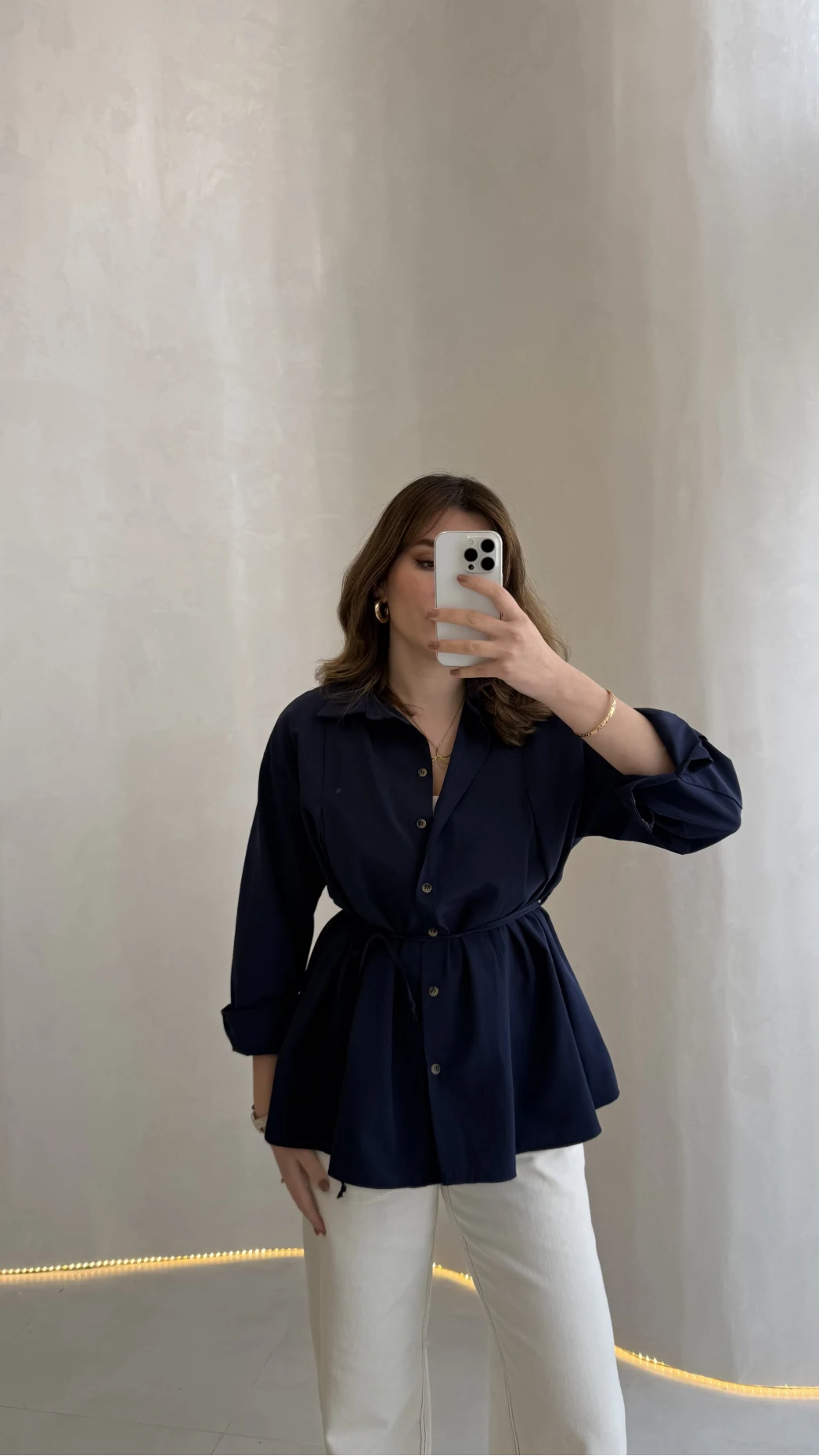 Arkası Pile Detay Bağcıklı Pamuklu Gömlek - Lacivert - Kod: 2206