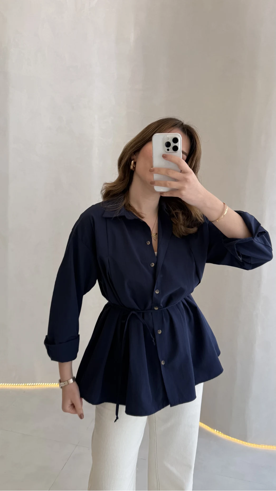 Arkası Pile Detay Bağcıklı Pamuklu Gömlek - Lacivert - Kod: 2206