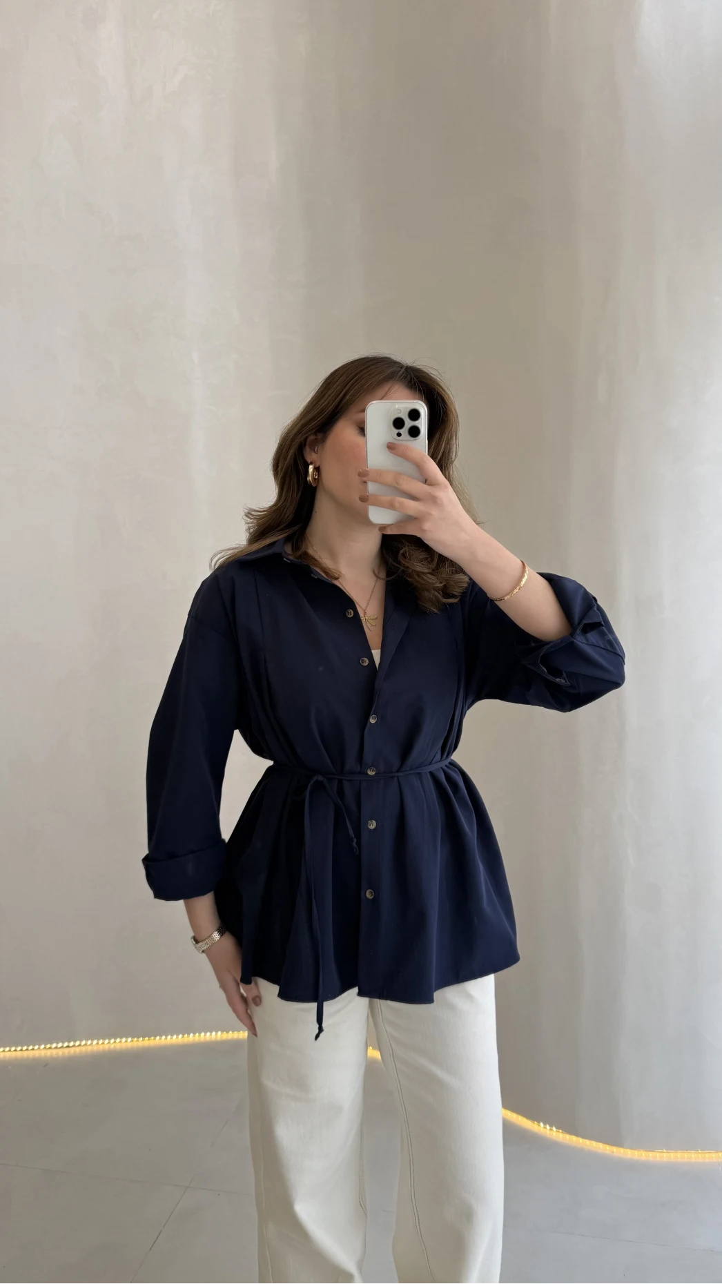 Arkası Pile Detay Bağcıklı Pamuklu Gömlek - Lacivert - Kod: 2206