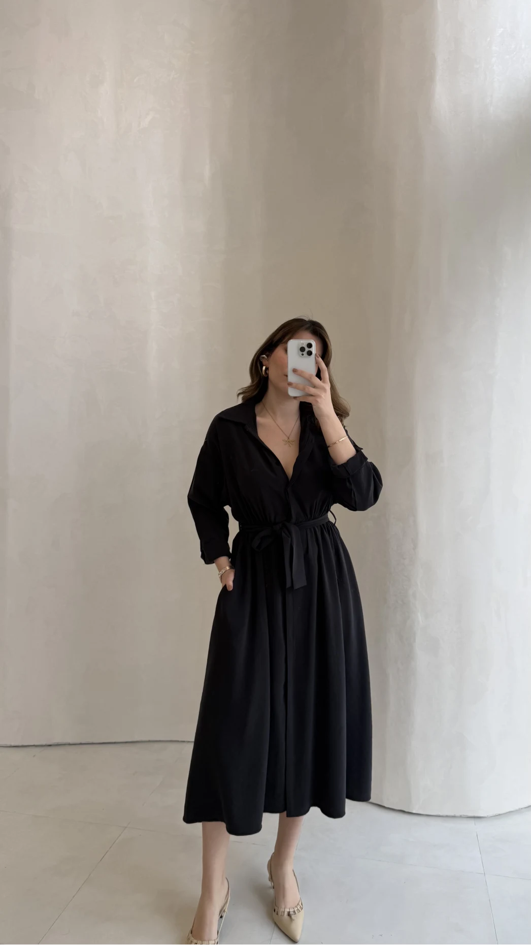 Colosseum Kuşaklı Beli Lastik Detay Düğmeli Elbise - Siyah - Kod: 3079