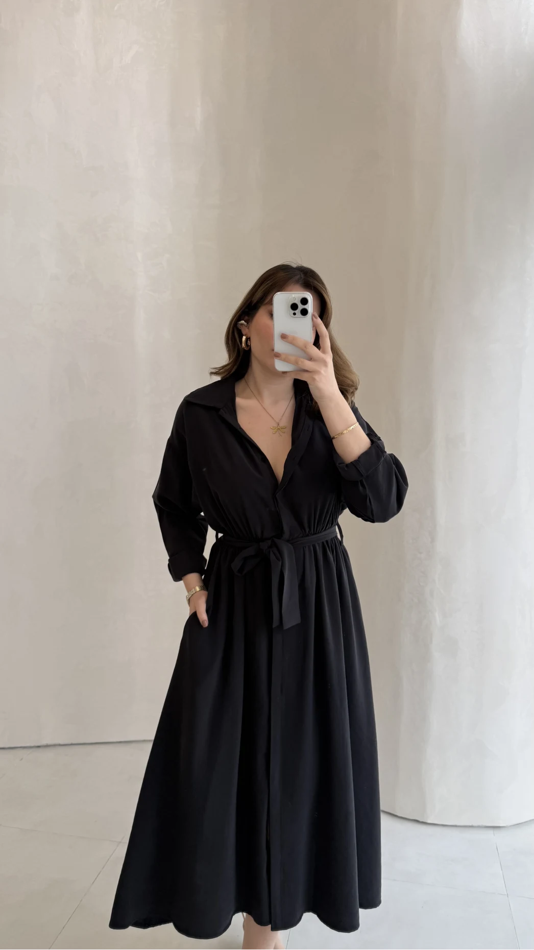 Colosseum Kuşaklı Beli Lastik Detay Düğmeli Elbise - Siyah - Kod: 3079