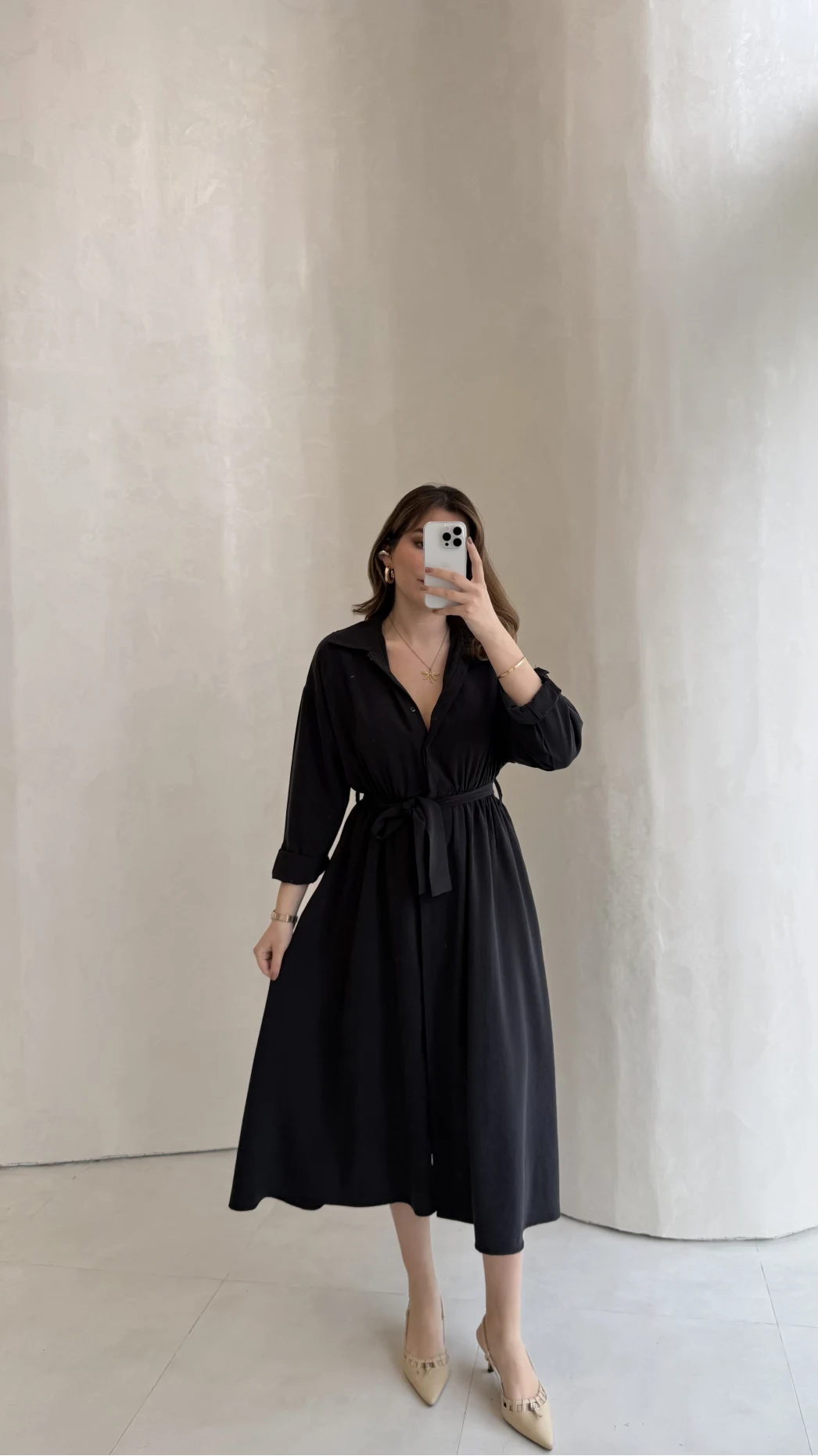 Colosseum Kuşaklı Beli Lastik Detay Düğmeli Elbise - Siyah - Kod: 3079