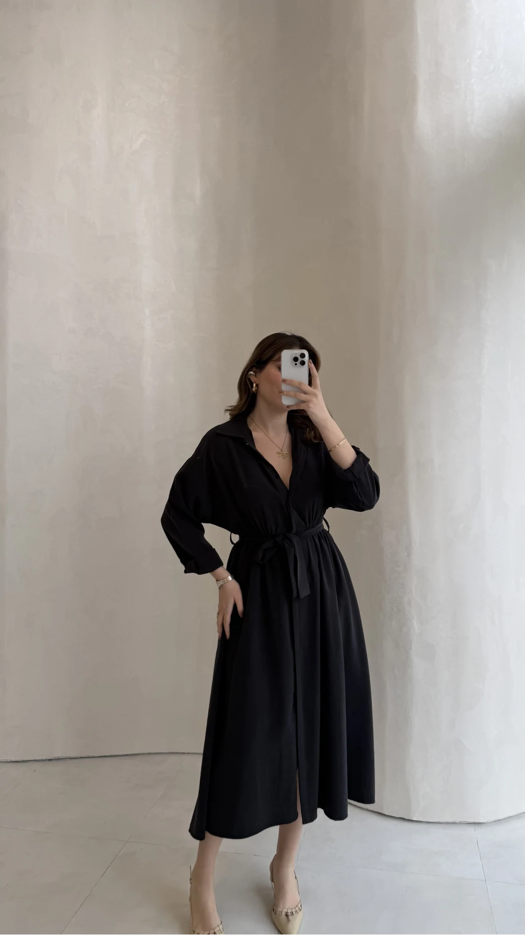 Colosseum Kuşaklı Beli Lastik Detay Düğmeli Elbise - Siyah - Kod: 3079