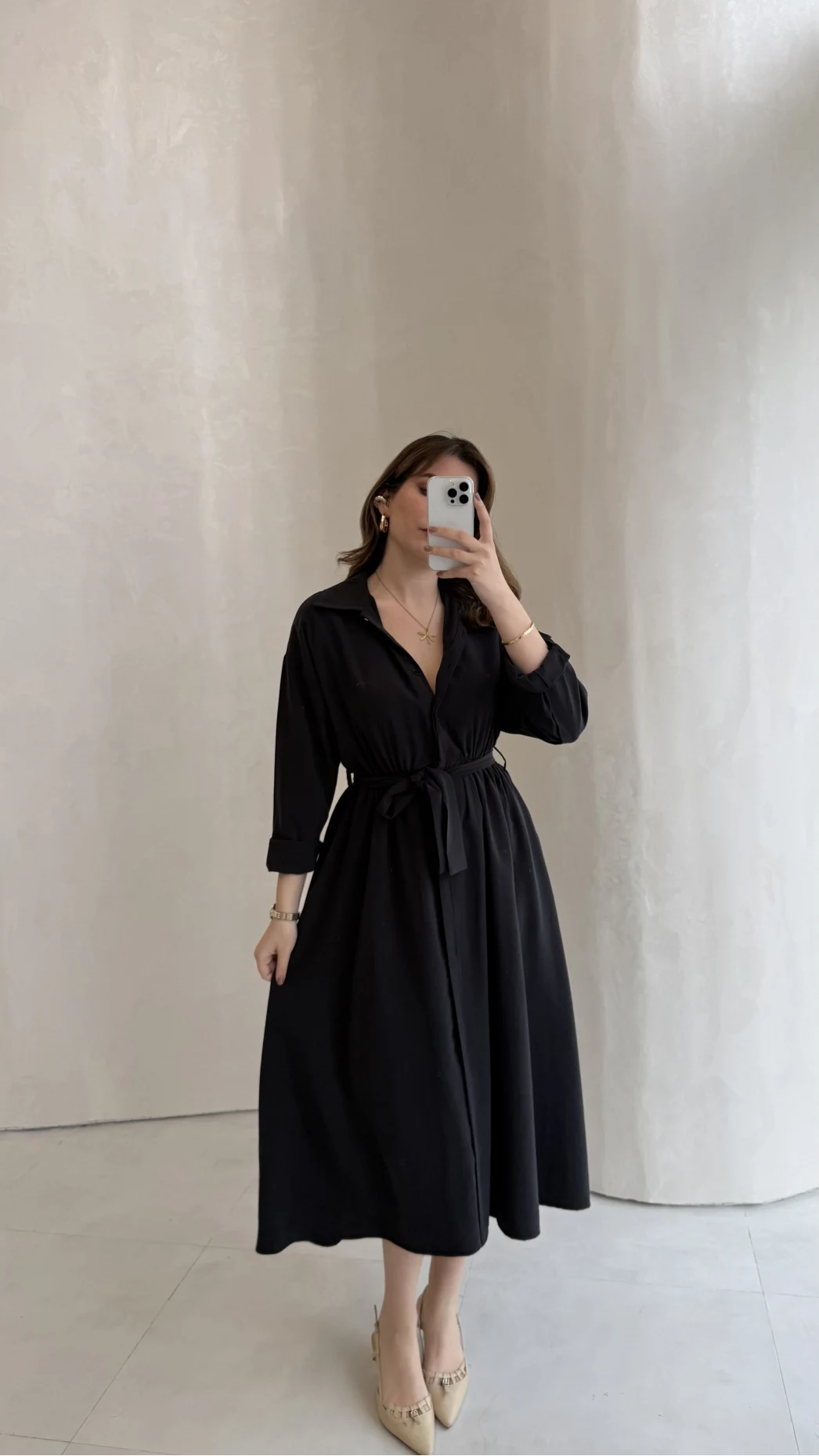 Colosseum Kuşaklı Beli Lastik Detay Düğmeli Elbise - Siyah - Kod: 3079