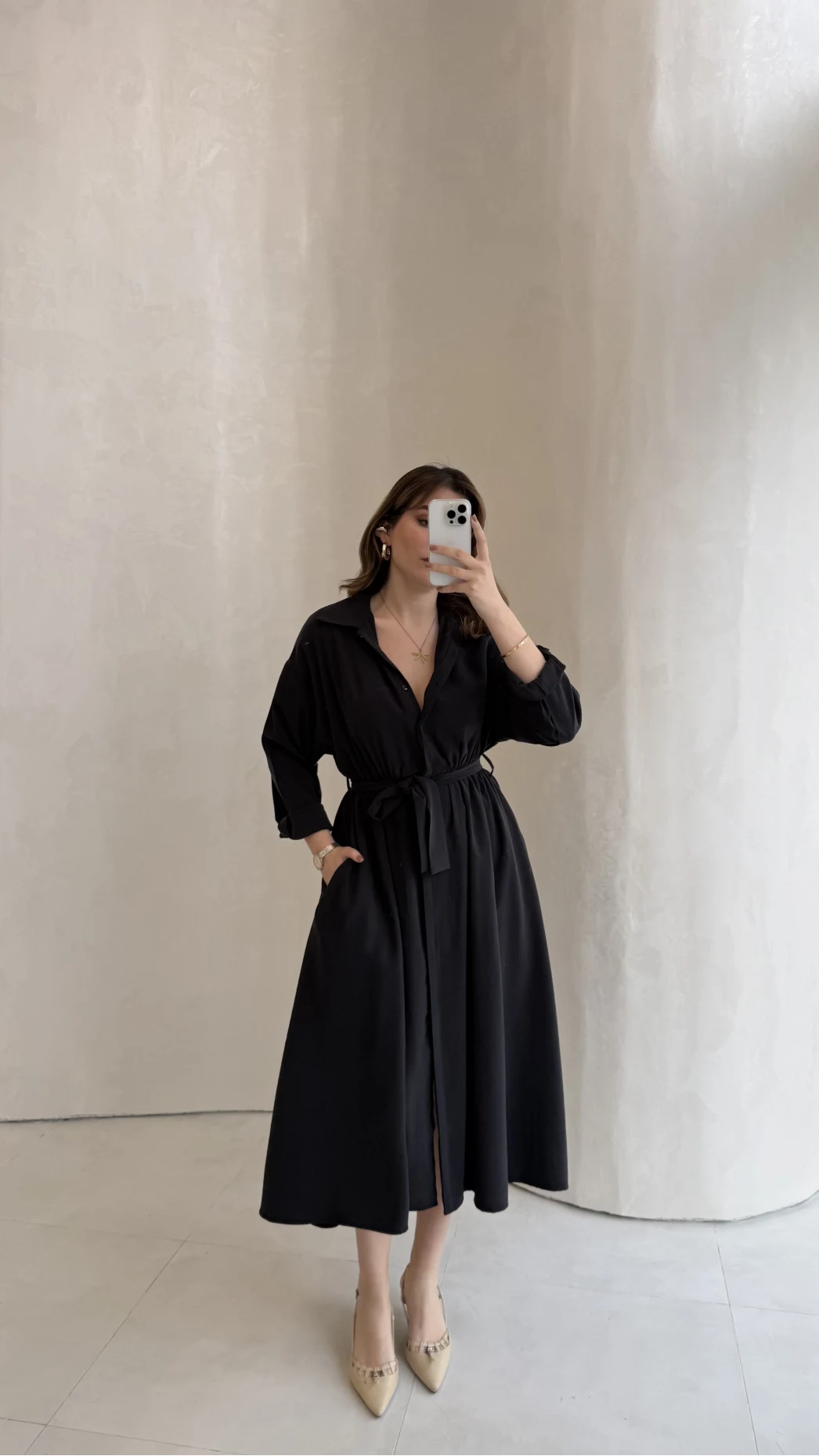 Colosseum Kuşaklı Beli Lastik Detay Düğmeli Elbise - Siyah - Kod: 3079