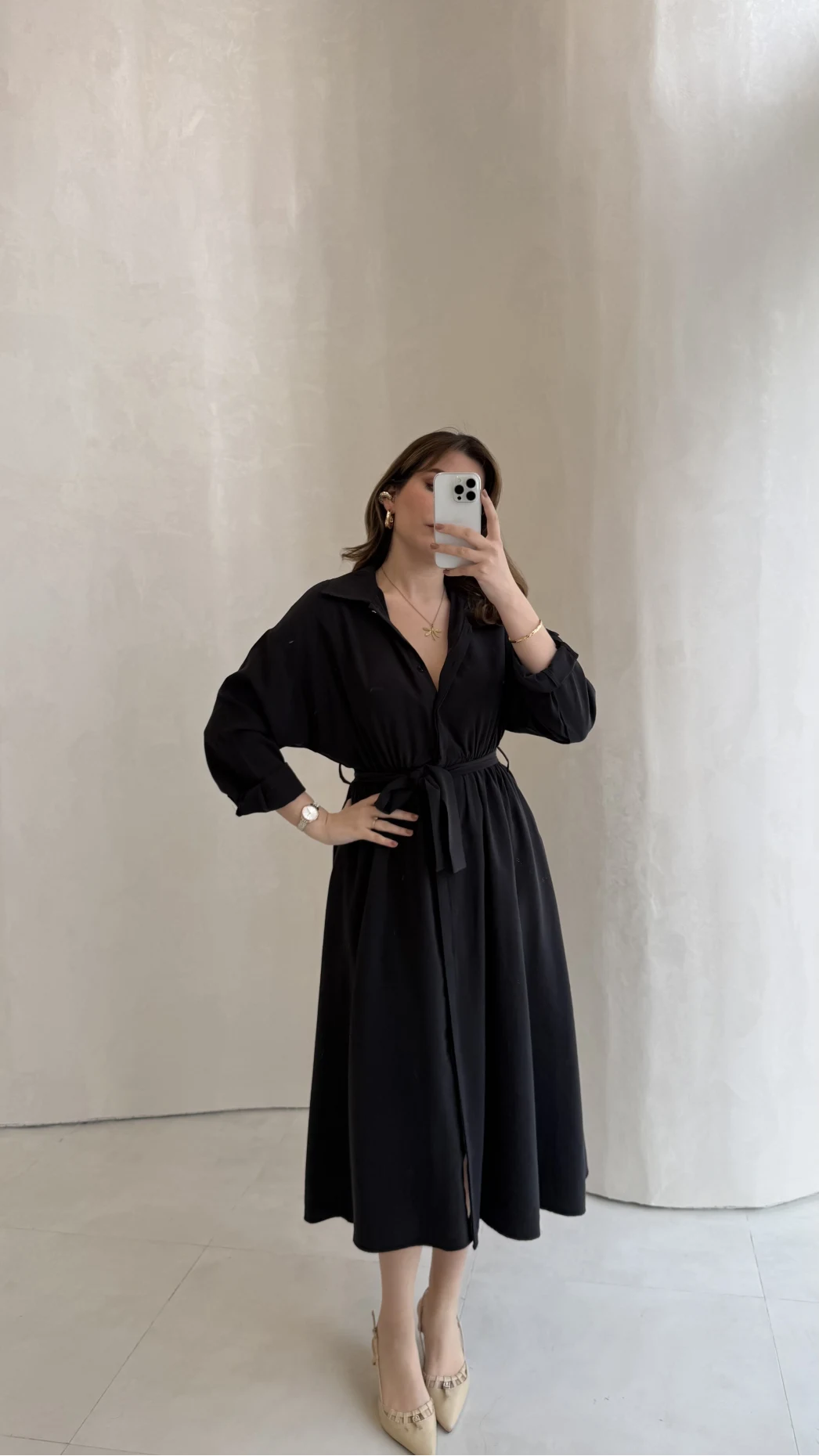 Colosseum Kuşaklı Beli Lastik Detay Düğmeli Elbise - Siyah - Kod: 3079