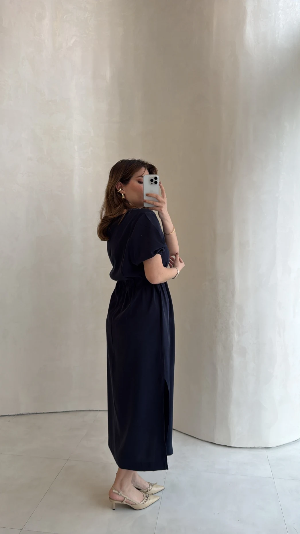 Balon Kol Yırtmaçlı Beli Pileli Pamuk Kumaş Elbise - Lacivert - Kod: 060