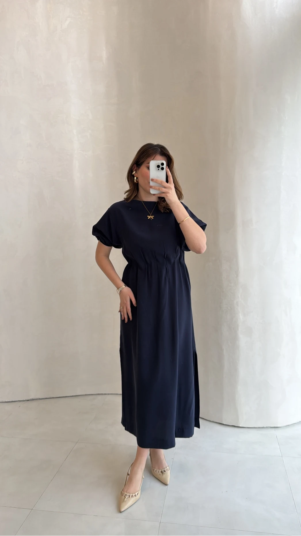 Balon Kol Yırtmaçlı Beli Pileli Pamuk Kumaş Elbise - Lacivert - Kod: 060