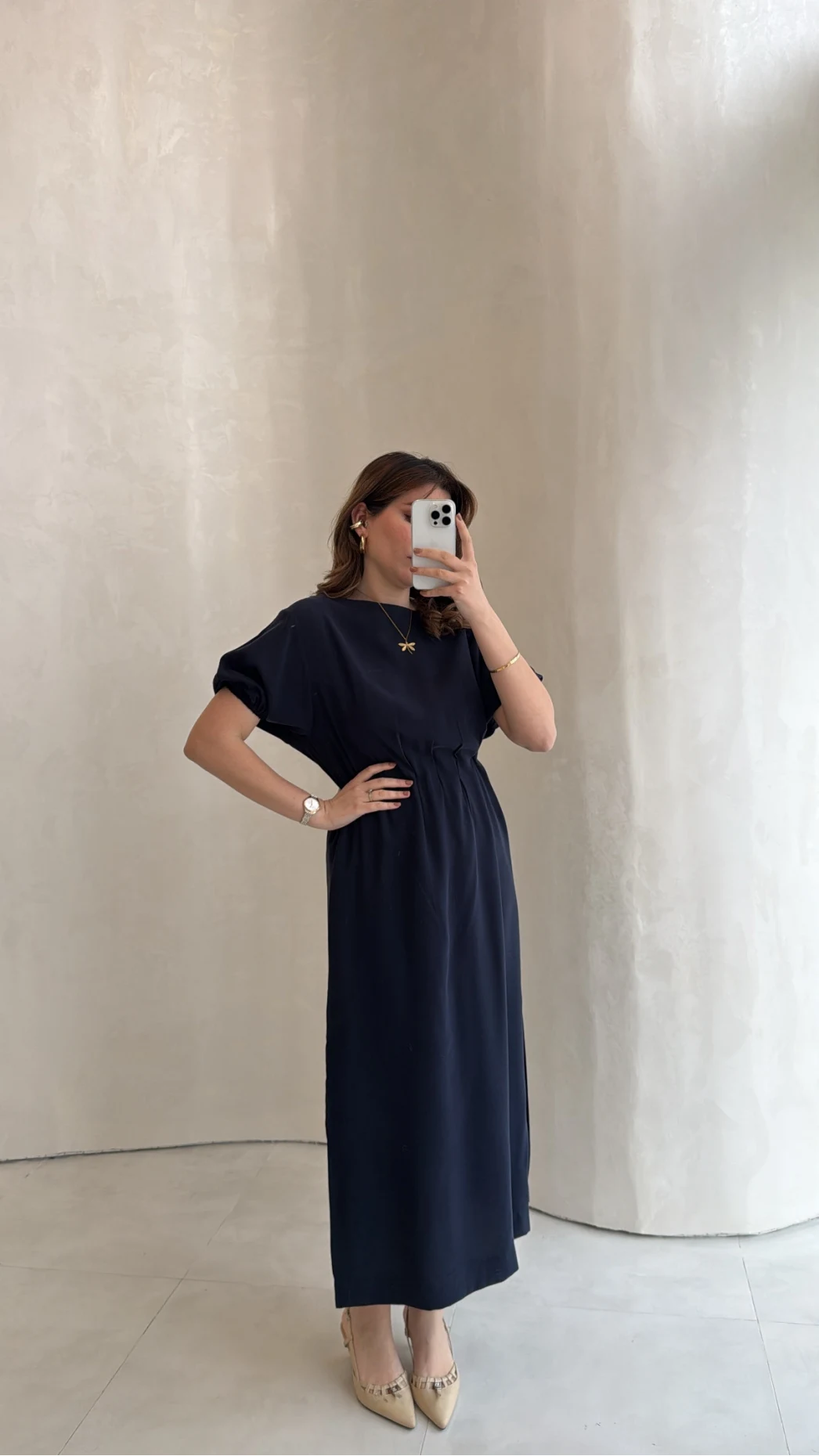 Balon Kol Yırtmaçlı Beli Pileli Pamuk Kumaş Elbise - Lacivert - Kod: 060