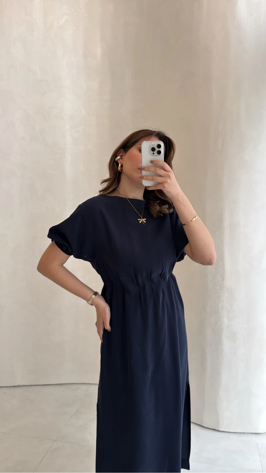 Balon Kol Yırtmaçlı Beli Pileli Pamuk Kumaş Elbise - Lacivert - Kod: 060