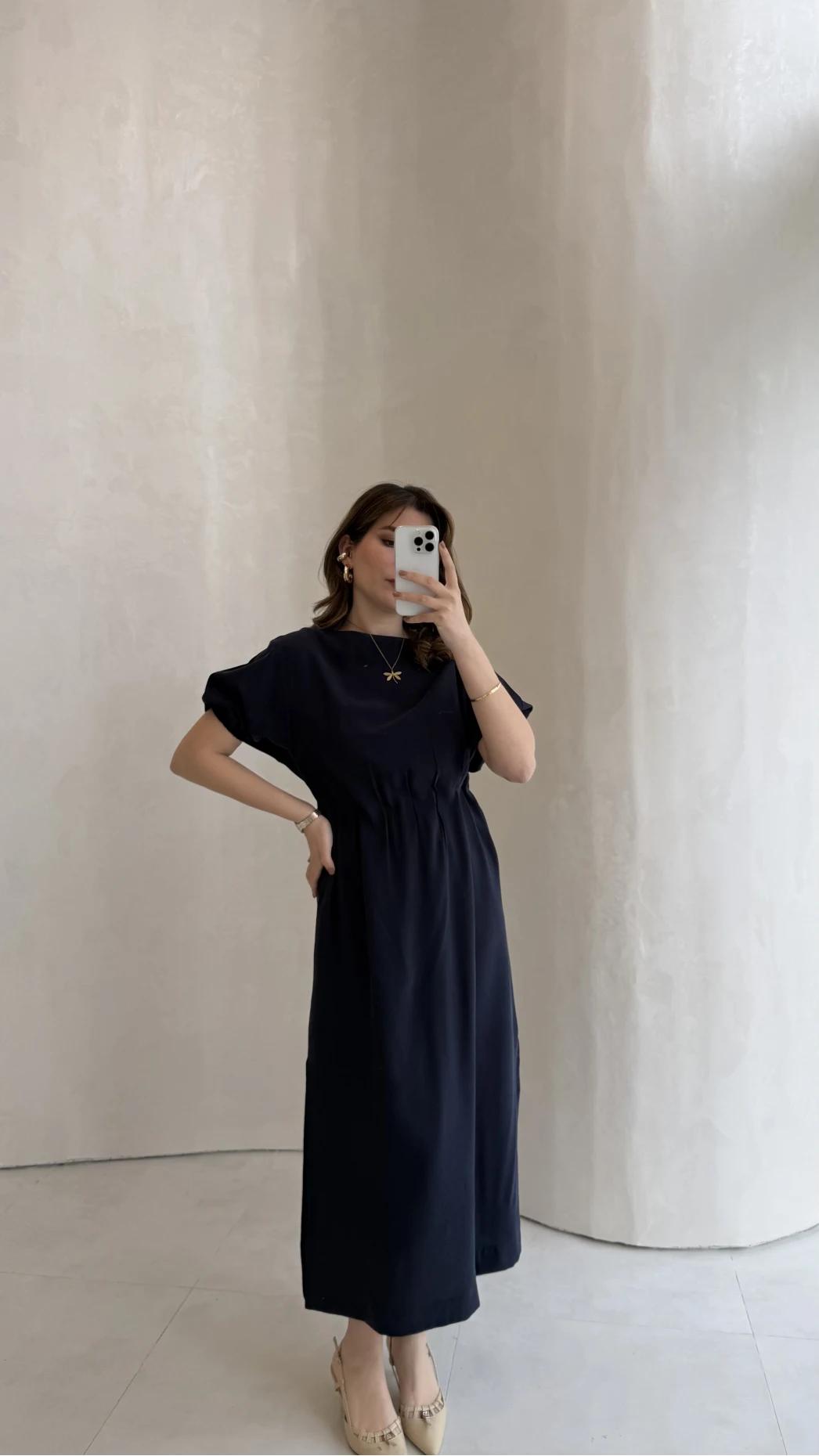 Balon Kol Yırtmaçlı Beli Pileli Pamuk Kumaş Elbise - Lacivert - Kod: 060