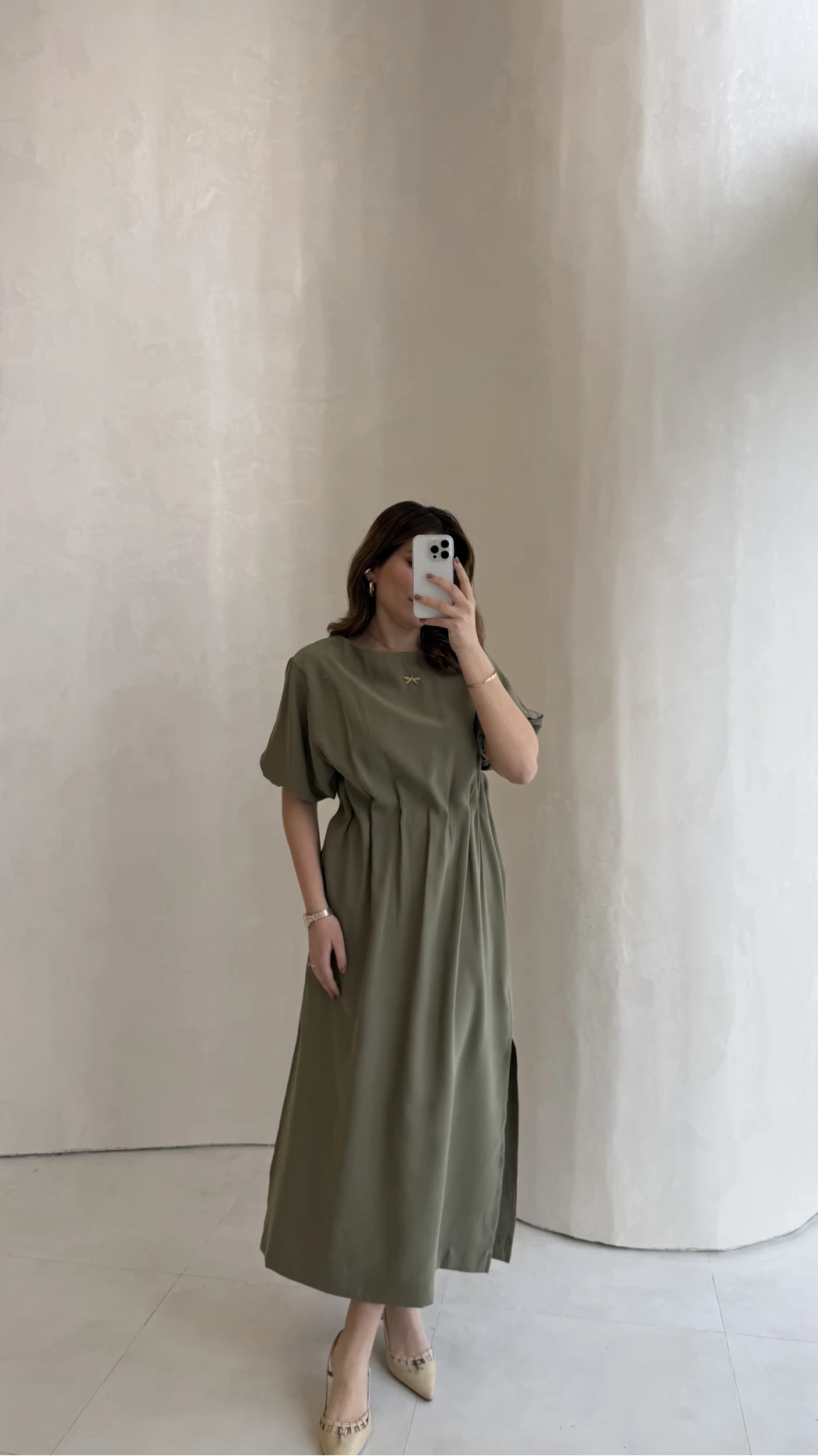 Balon Kol Yırtmaçlı Beli Pileli Pamuk Kumaş Elbise - Haki - Kod: 060