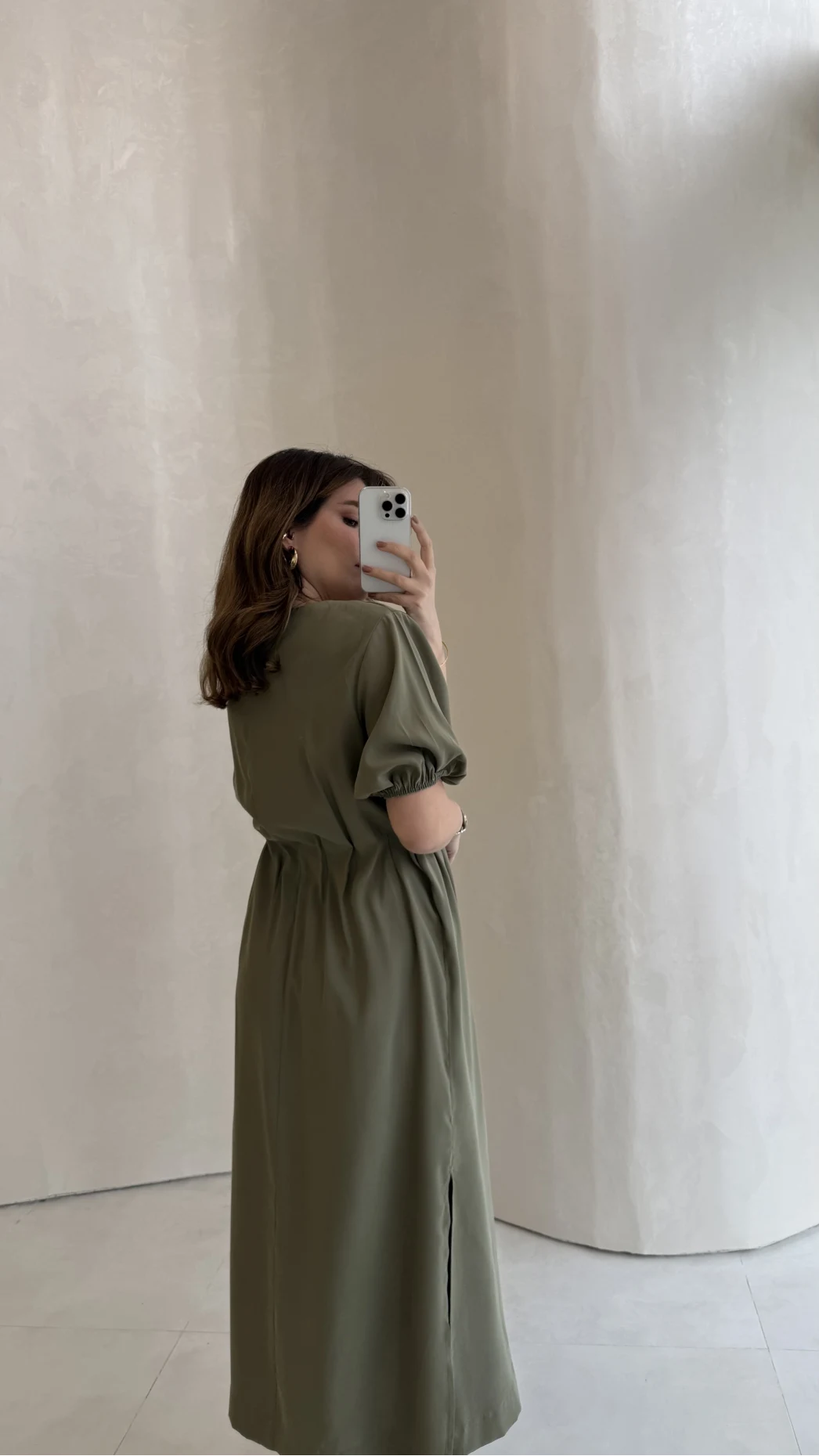 Balon Kol Yırtmaçlı Beli Pileli Pamuk Kumaş Elbise - Haki - Kod: 060