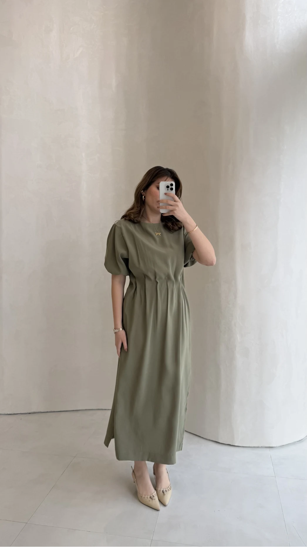 Balon Kol Yırtmaçlı Beli Pileli Pamuk Kumaş Elbise - Haki - Kod: 060