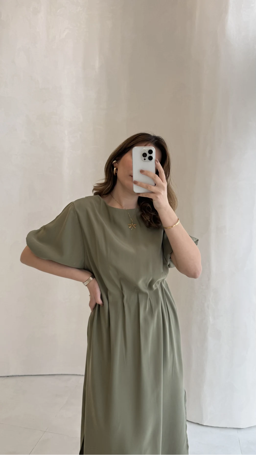 Balon Kol Yırtmaçlı Beli Pileli Pamuk Kumaş Elbise - Haki - Kod: 060