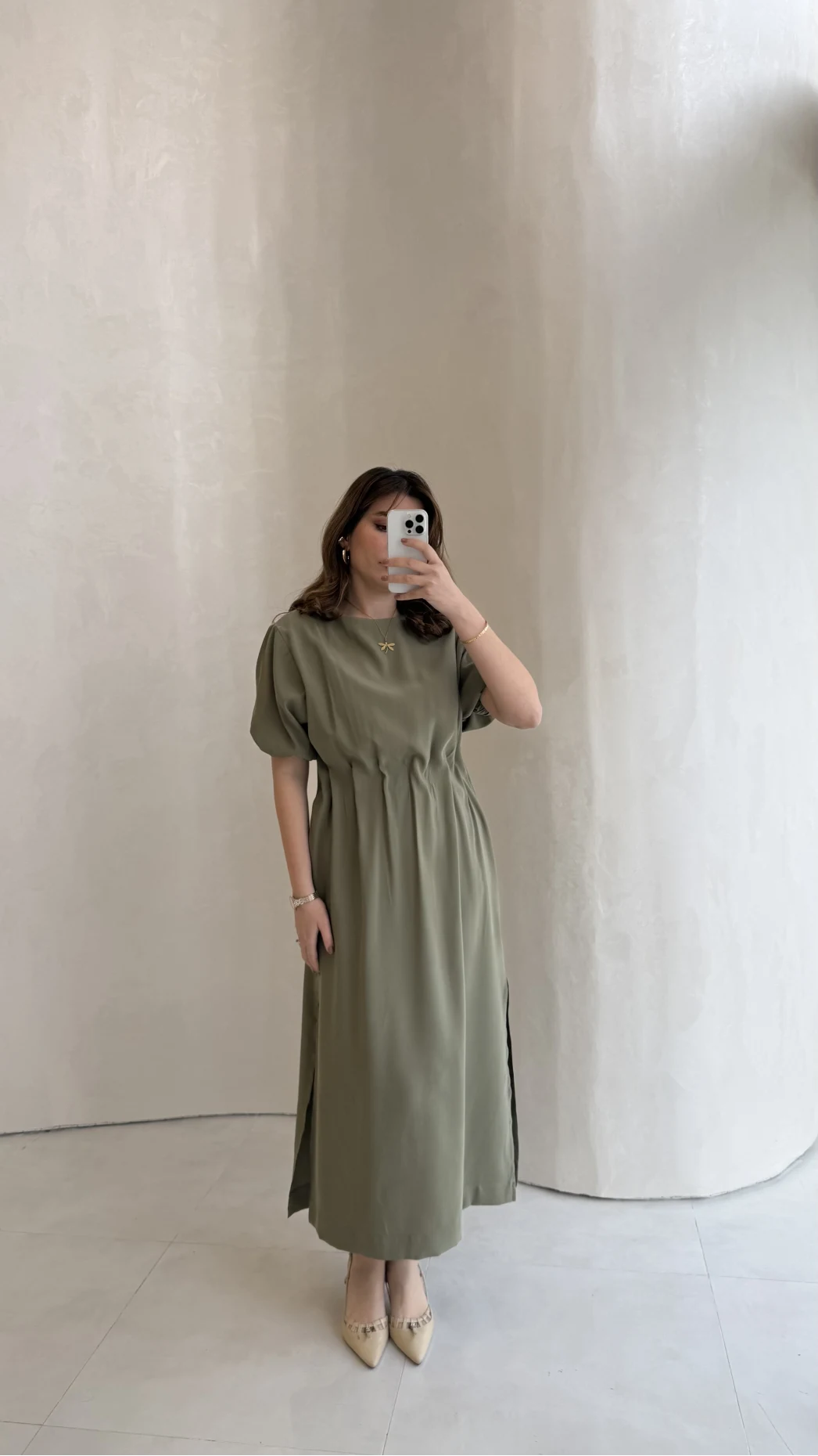 Balon Kol Yırtmaçlı Beli Pileli Pamuk Kumaş Elbise - Haki - Kod: 060