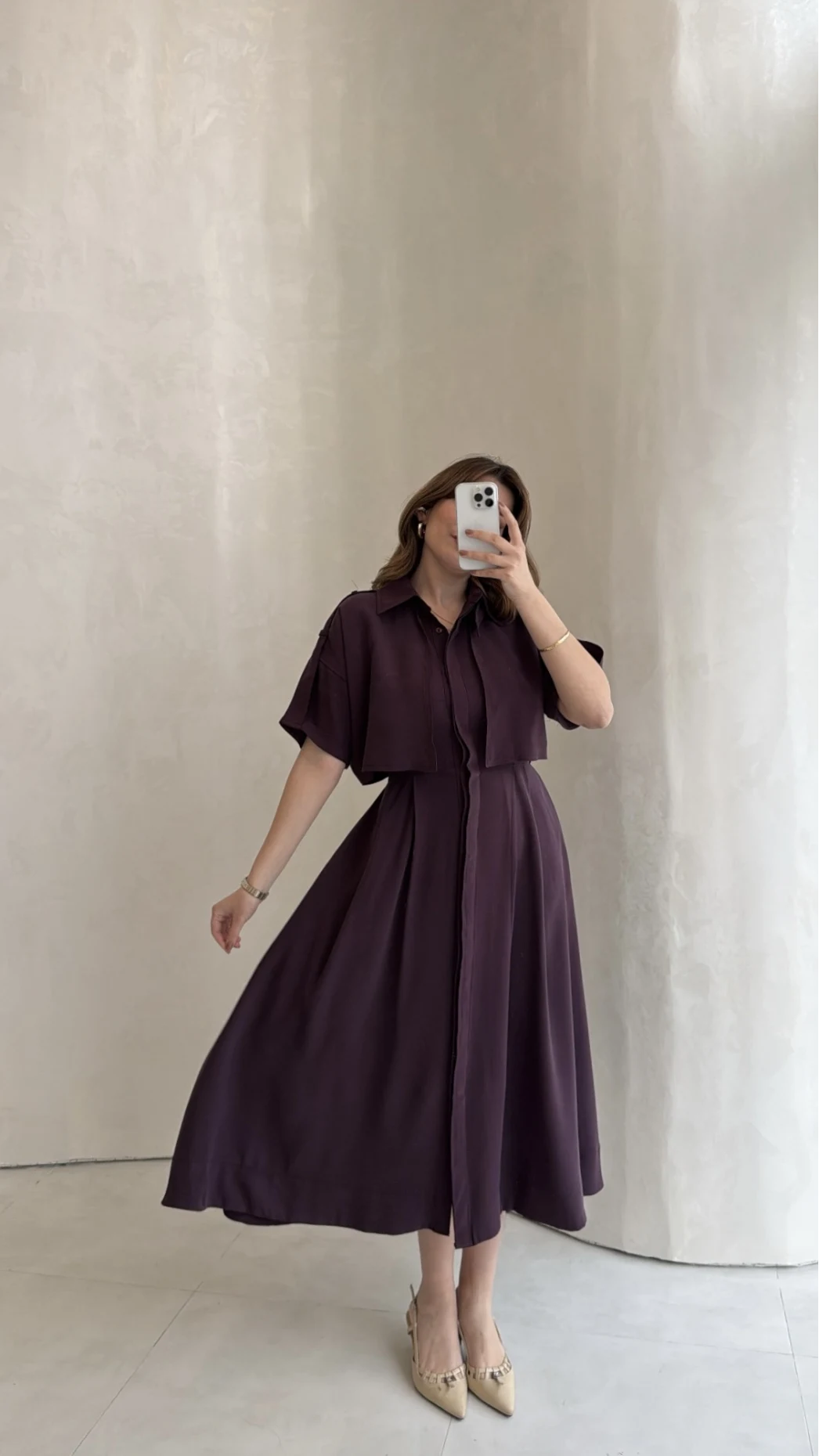 Kuşaklı Pelerinli Yarım Kol Elbise - Mürdüm - Kod: 580903