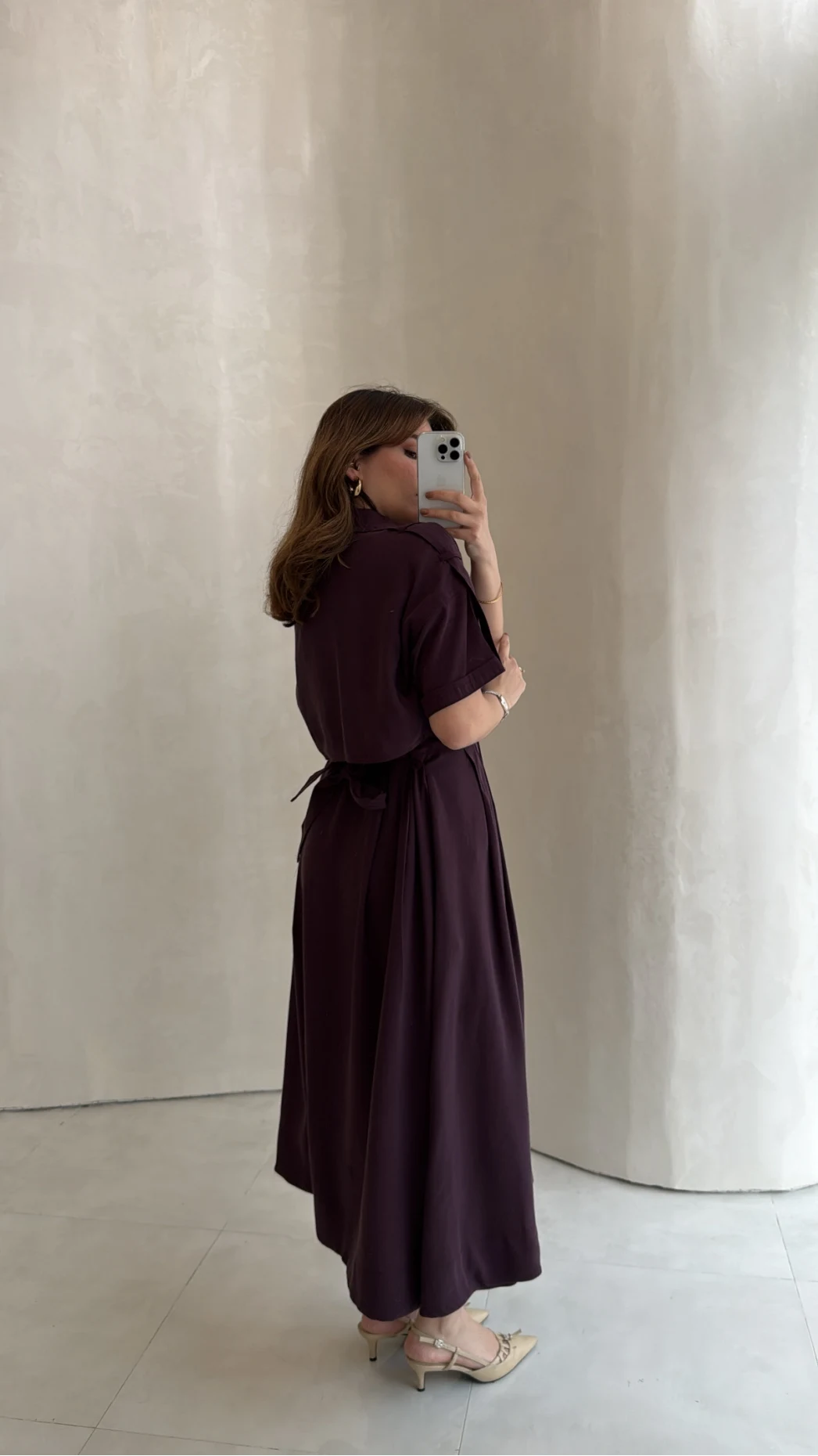 Kuşaklı Pelerinli Yarım Kol Elbise - Mürdüm - Kod: 580903