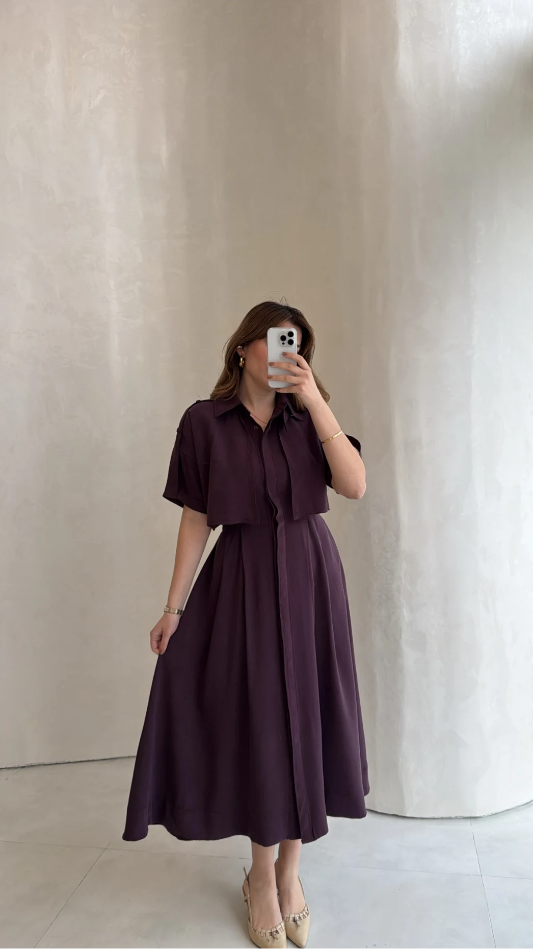 Kuşaklı Pelerinli Yarım Kol Elbise - Mürdüm - Kod: 580903