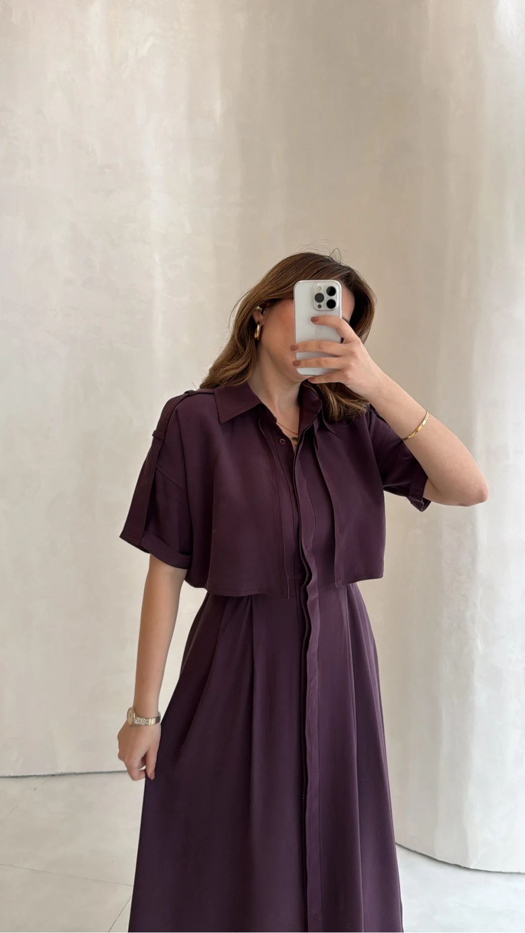 Kuşaklı Pelerinli Yarım Kol Elbise - Mürdüm - Kod: 580903