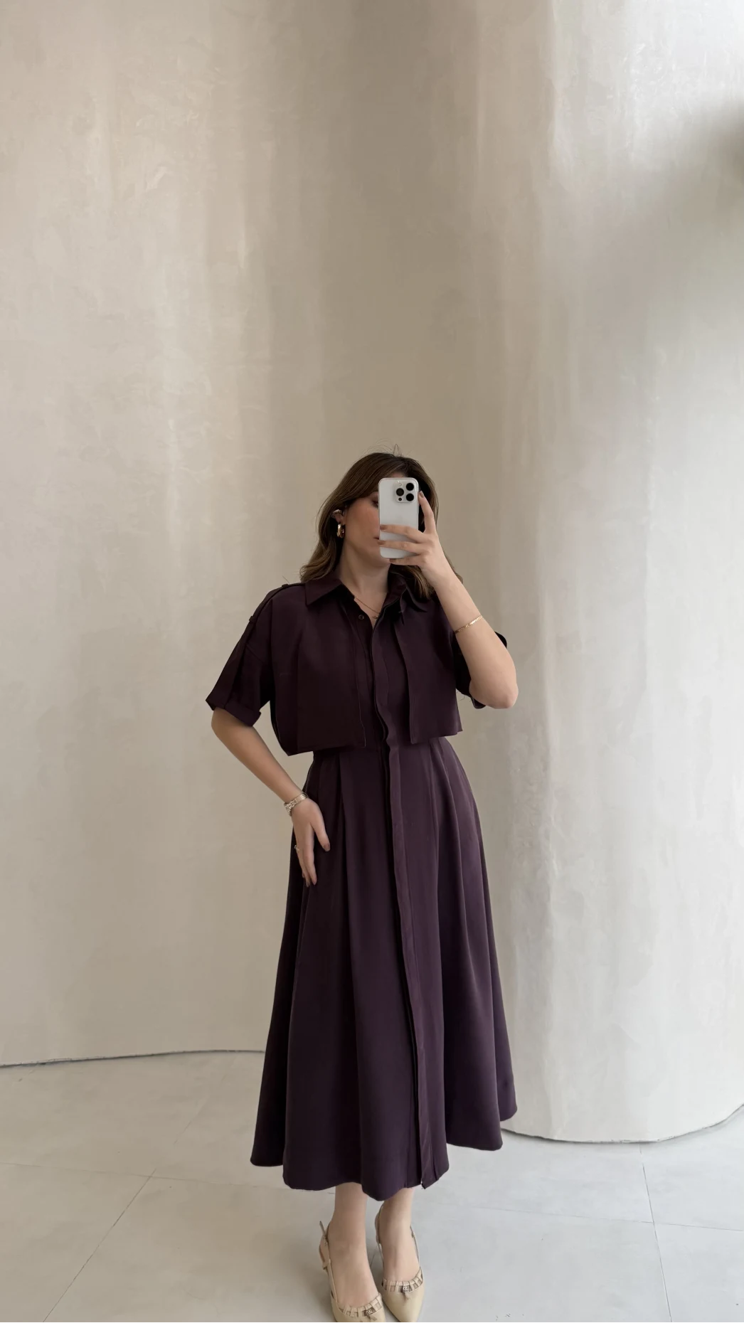 Kuşaklı Pelerinli Yarım Kol Elbise - Mürdüm - Kod: 580903