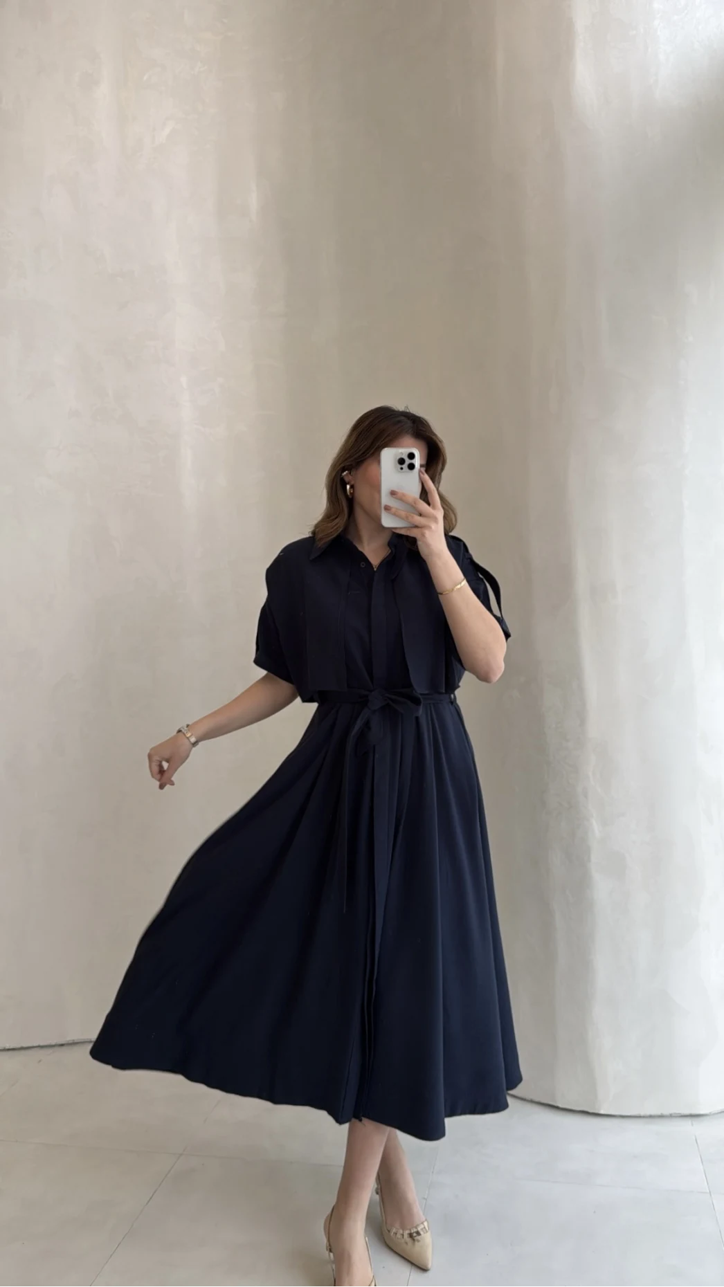 Kuşaklı Pelerinli Yarım Kol Elbise - Lacivert - Kod: 580903