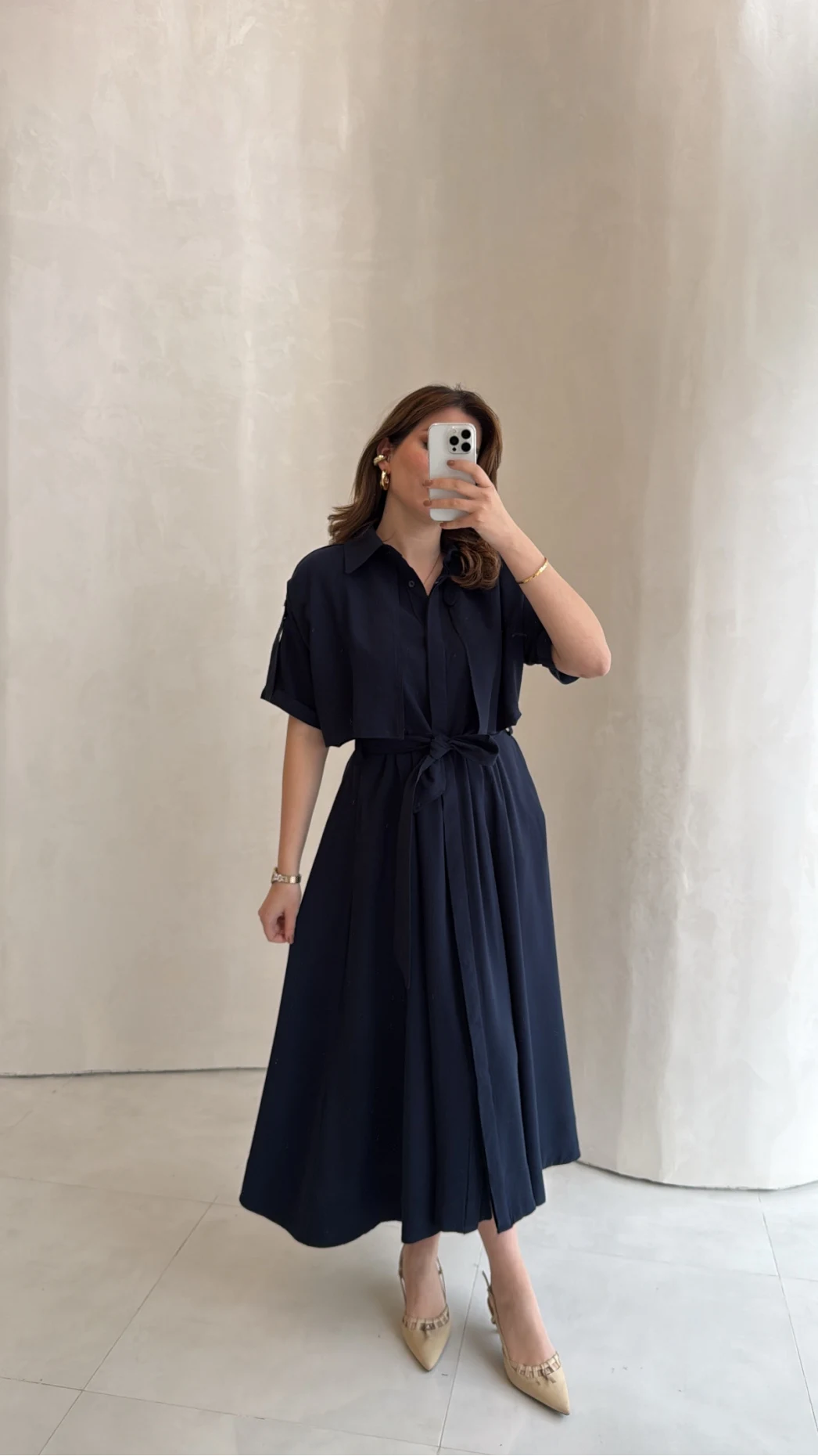 Kuşaklı Pelerinli Yarım Kol Elbise - Lacivert - Kod: 580903