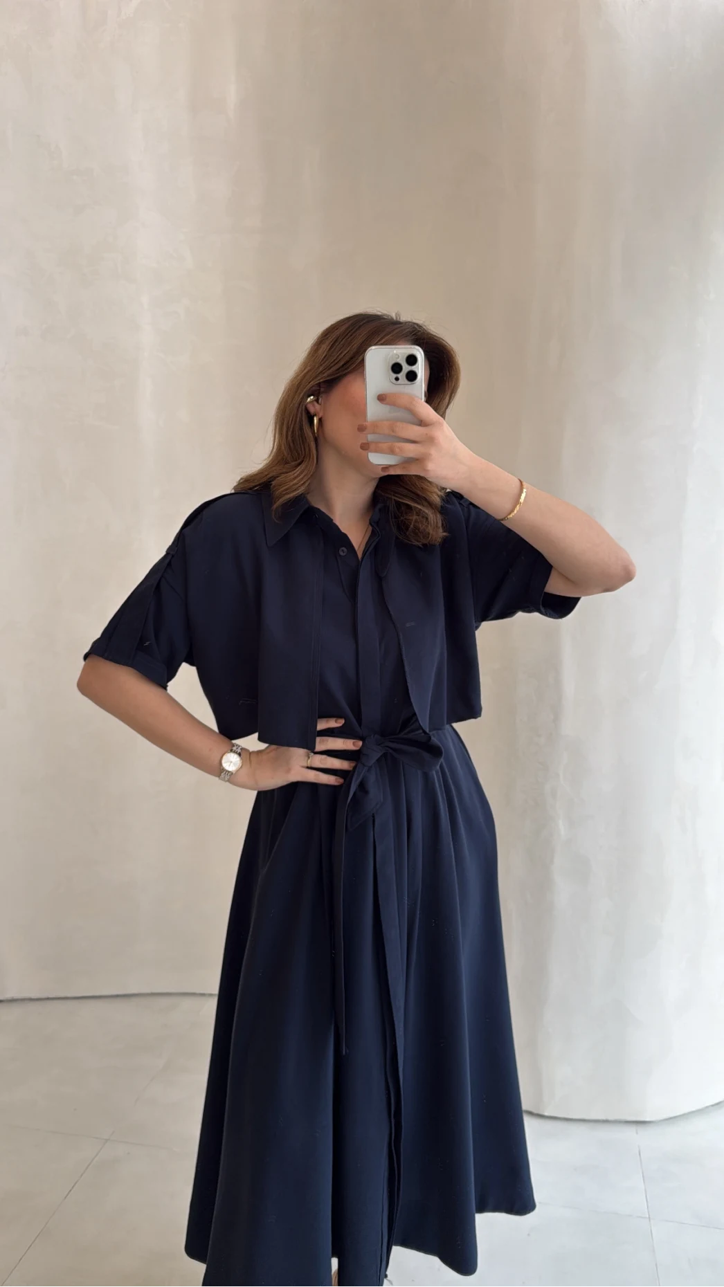 Kuşaklı Pelerinli Yarım Kol Elbise - Lacivert - Kod: 580903