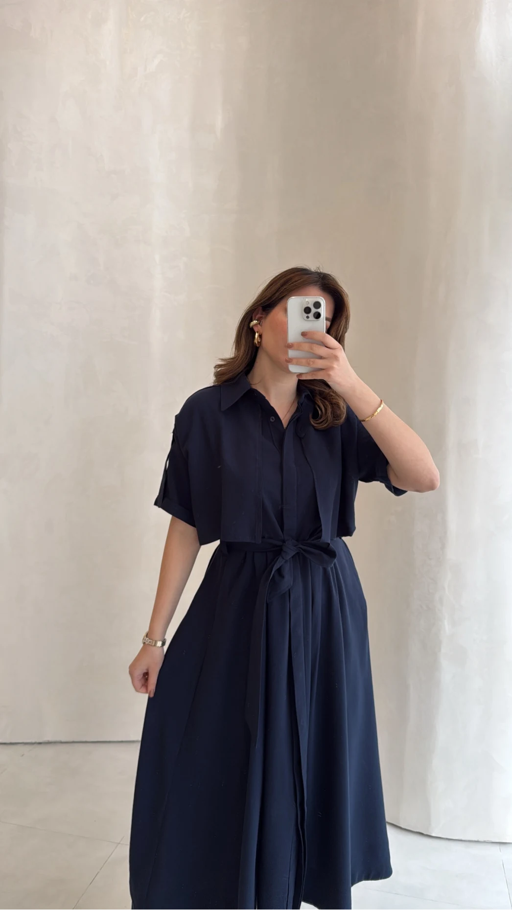 Kuşaklı Pelerinli Yarım Kol Elbise - Lacivert - Kod: 580903