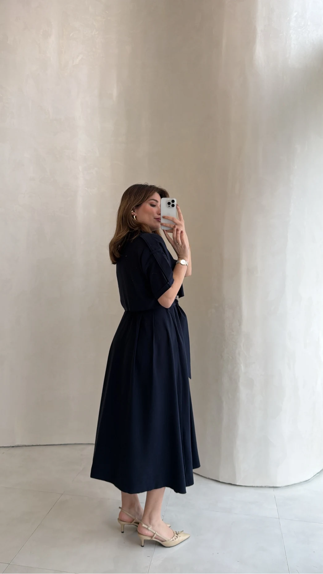 Kuşaklı Pelerinli Yarım Kol Elbise - Lacivert - Kod: 580903