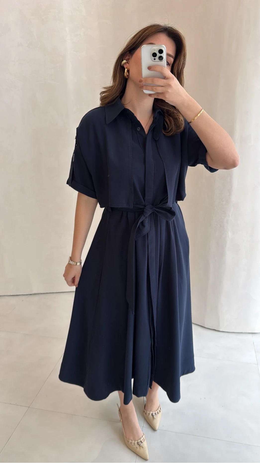 Kuşaklı Pelerinli Yarım Kol Elbise - Lacivert - Kod: 580903