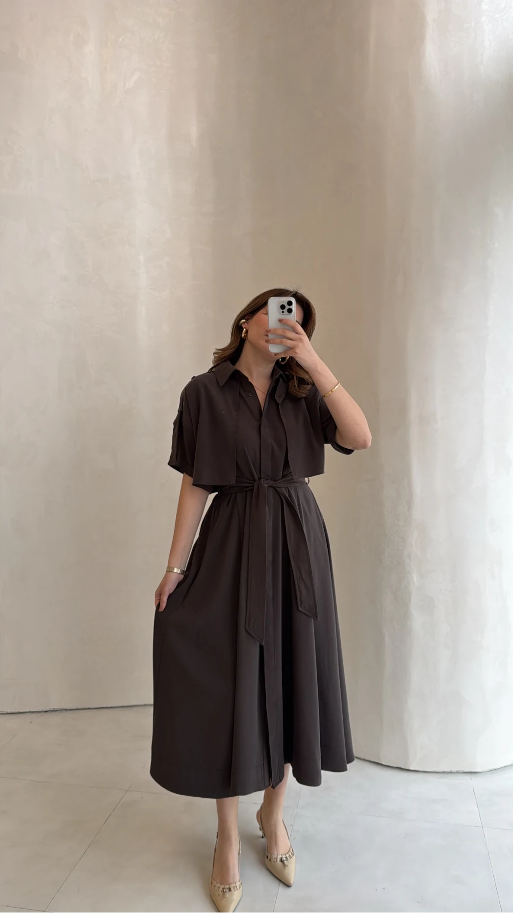 Kuşaklı Pelerinli Yarım Kol Elbise - Kahverengi - Kod: 580903