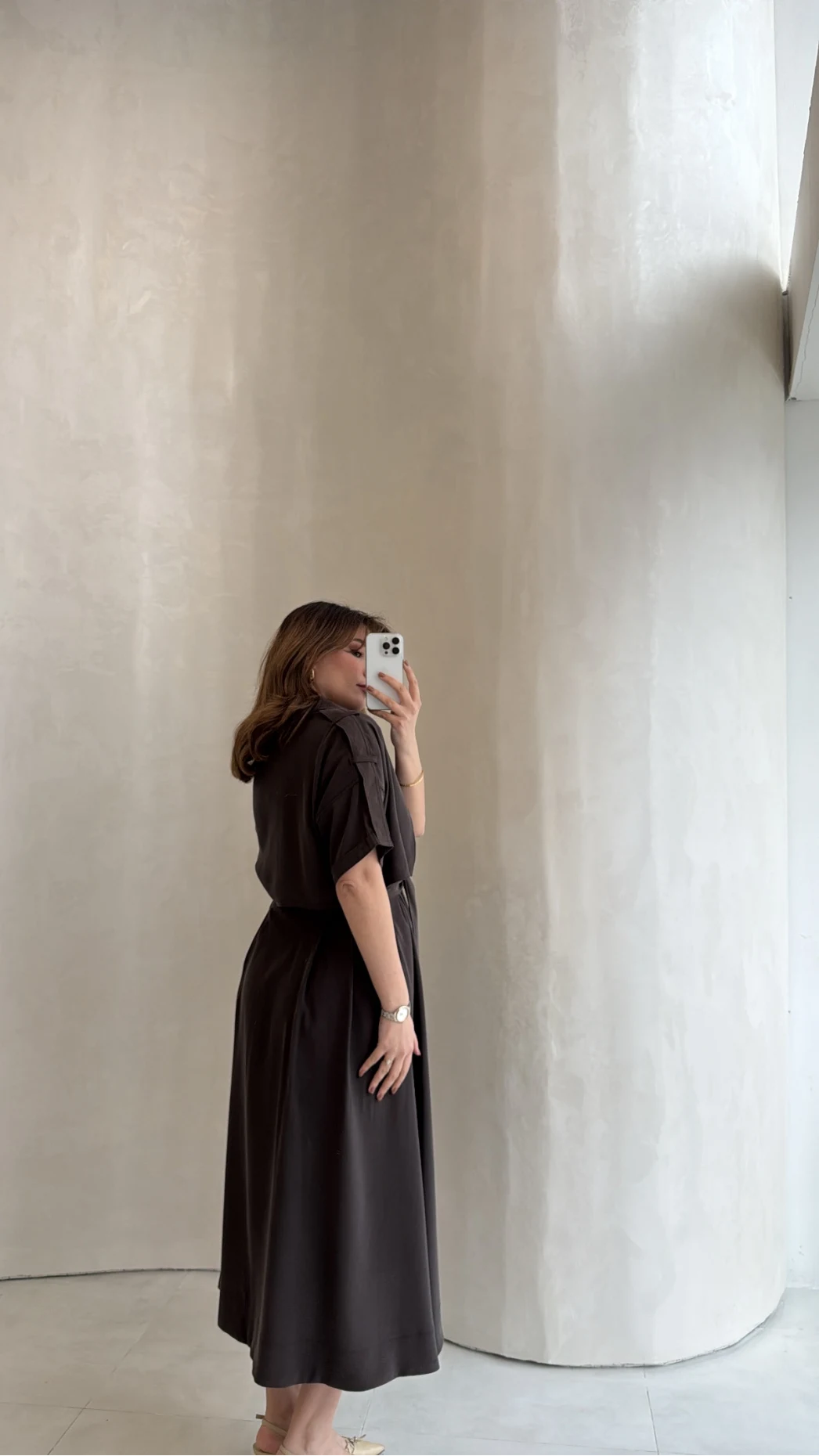 Kuşaklı Pelerinli Yarım Kol Elbise - Kahverengi - Kod: 580903