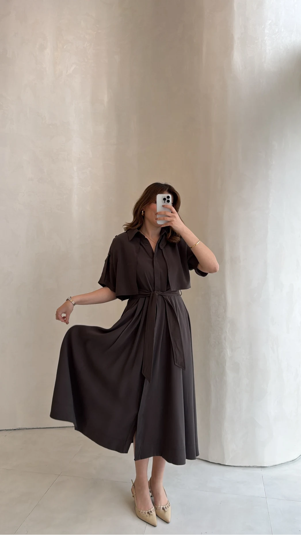 Kuşaklı Pelerinli Yarım Kol Elbise - Kahverengi - Kod: 580903