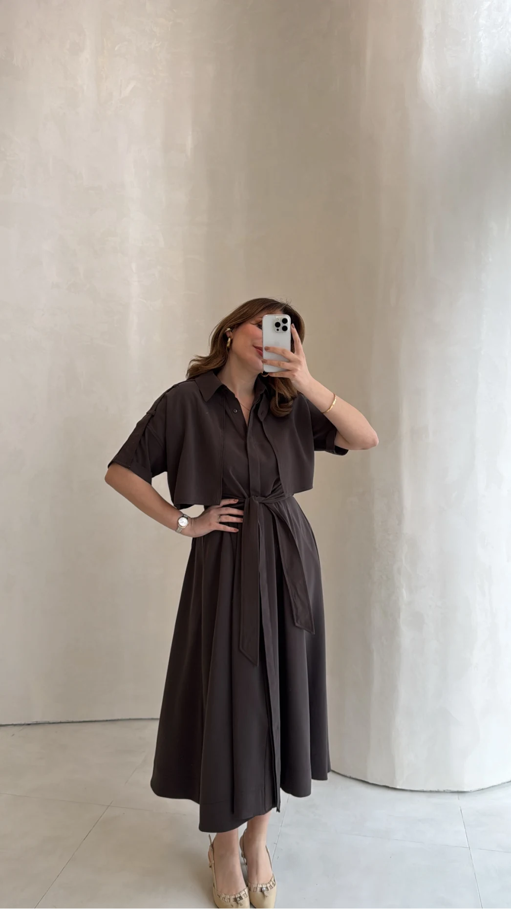 Kuşaklı Pelerinli Yarım Kol Elbise - Kahverengi - Kod: 580903