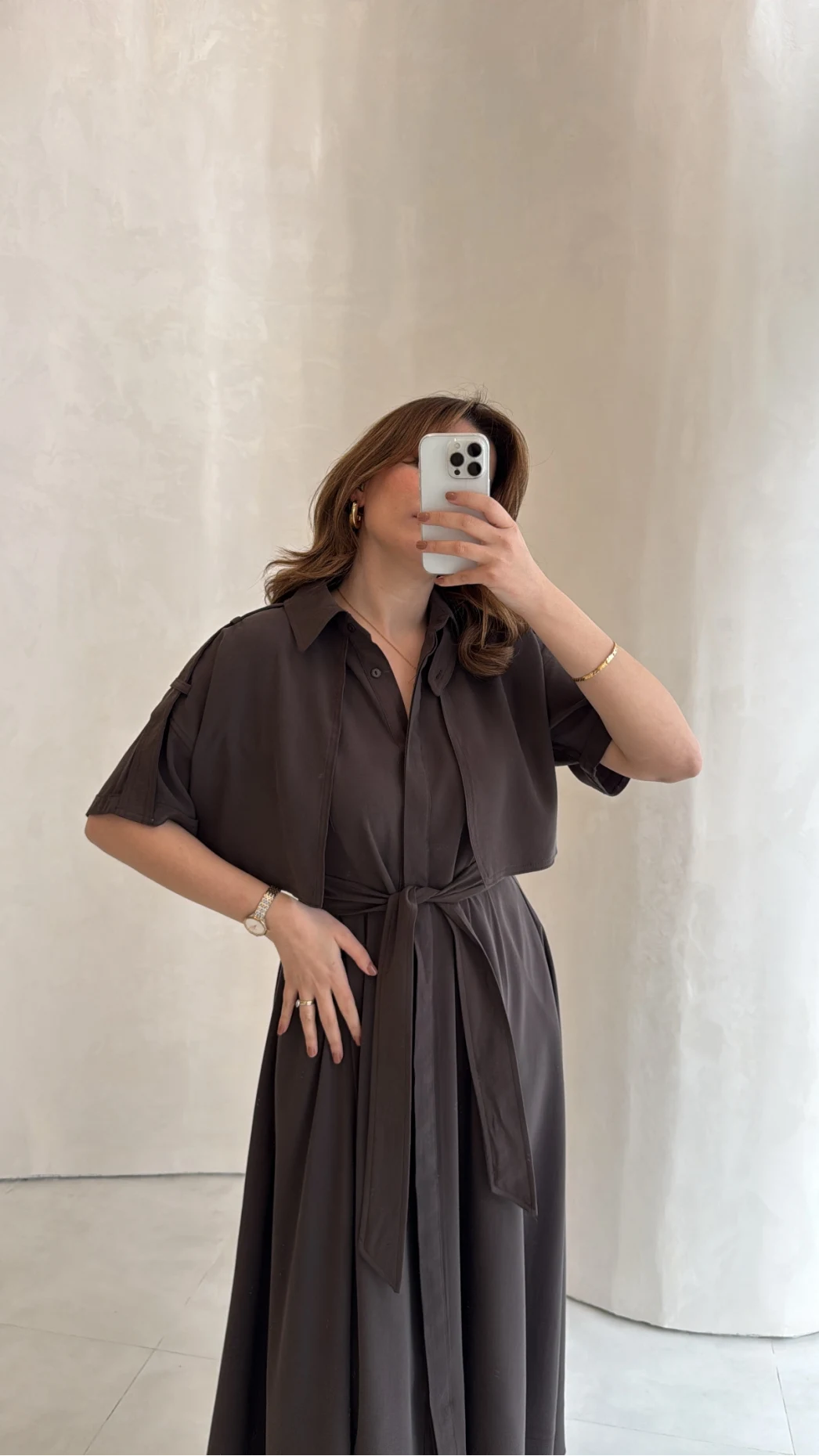 Kuşaklı Pelerinli Yarım Kol Elbise - Kahverengi - Kod: 580903