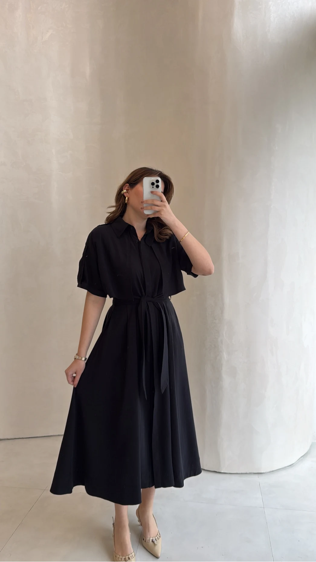 Kuşaklı Pelerinli Yarım Kol Elbise - Siyah - Kod: 580903