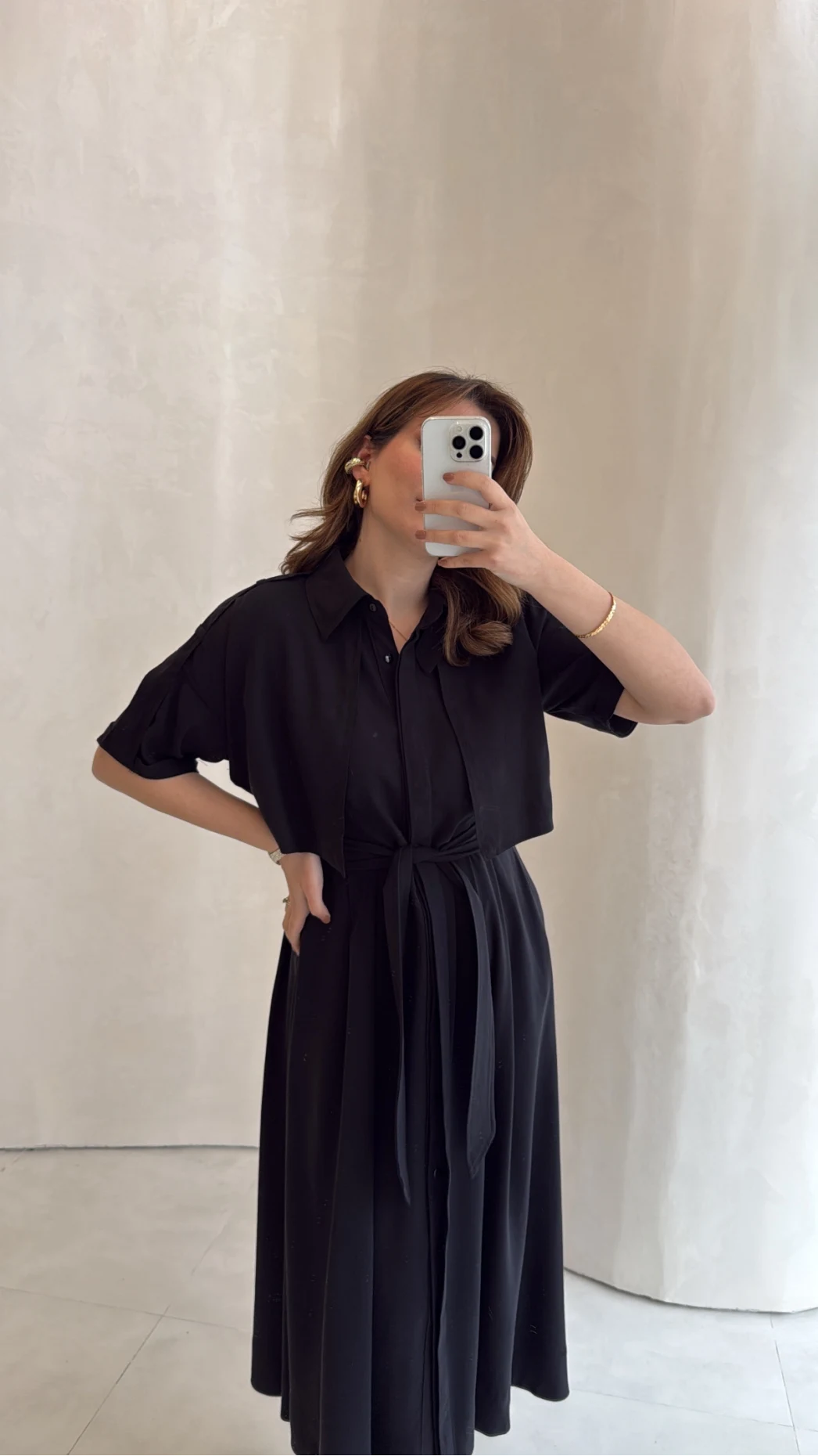 Kuşaklı Pelerinli Yarım Kol Elbise - Siyah - Kod: 580903