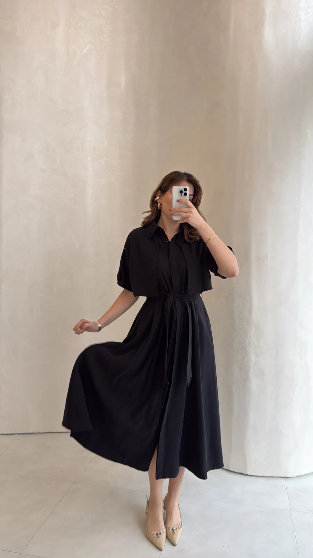 Kuşaklı Pelerinli Yarım Kol Elbise - Siyah - Kod: 580903