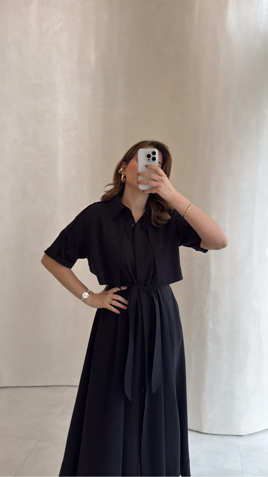 Kuşaklı Pelerinli Yarım Kol Elbise - Siyah - Kod: 580903